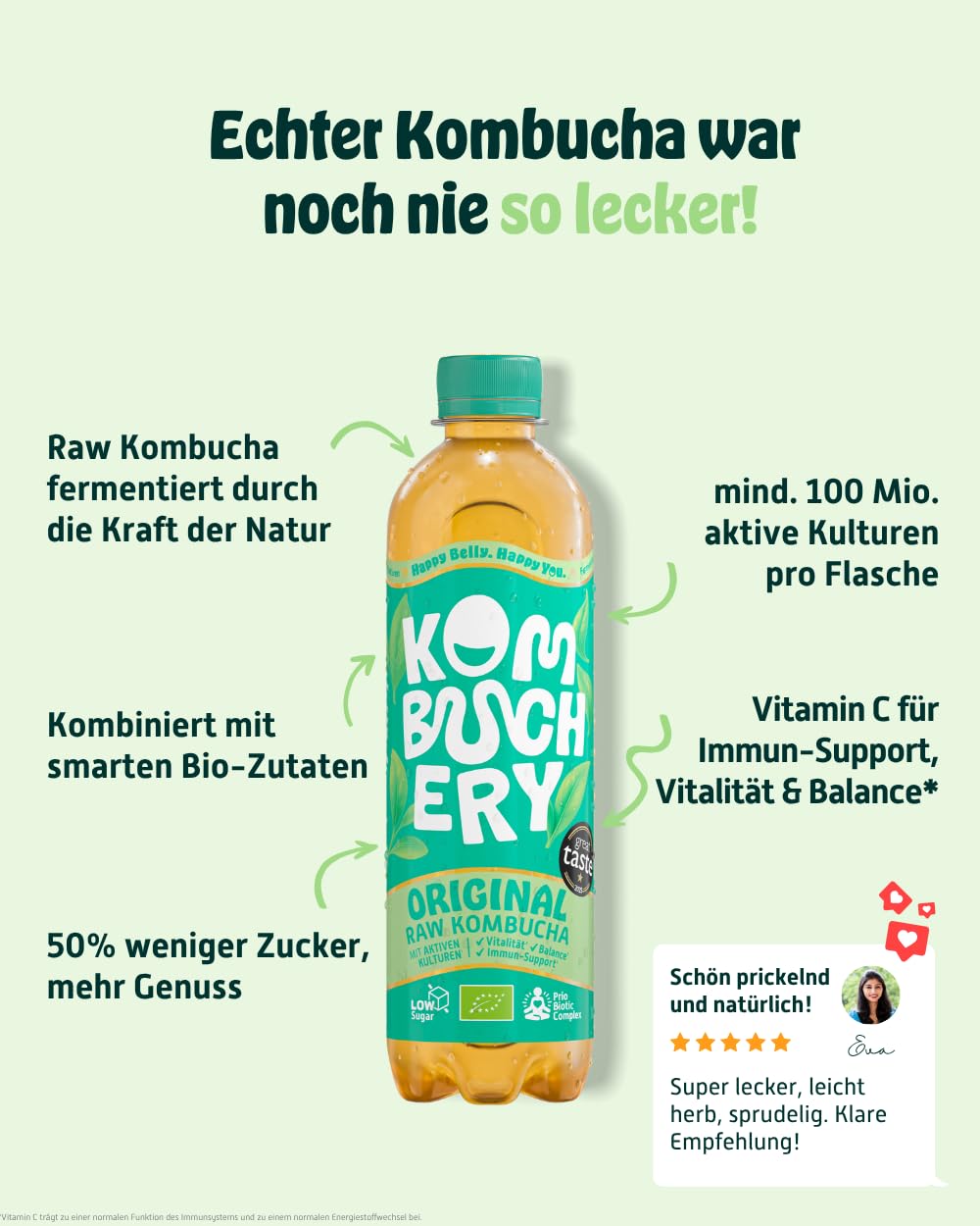 KOMBUCHERY® Original Raw Kombucha BIO | 12 x 400ml | Fermentierter Tee mit aktiven Darm-Kulturen | Zuckerarm & Kalorienarm | Unpasteurisiert, PrioBiotic, Vegan, Testsieger | inkl. 3€ PFAND