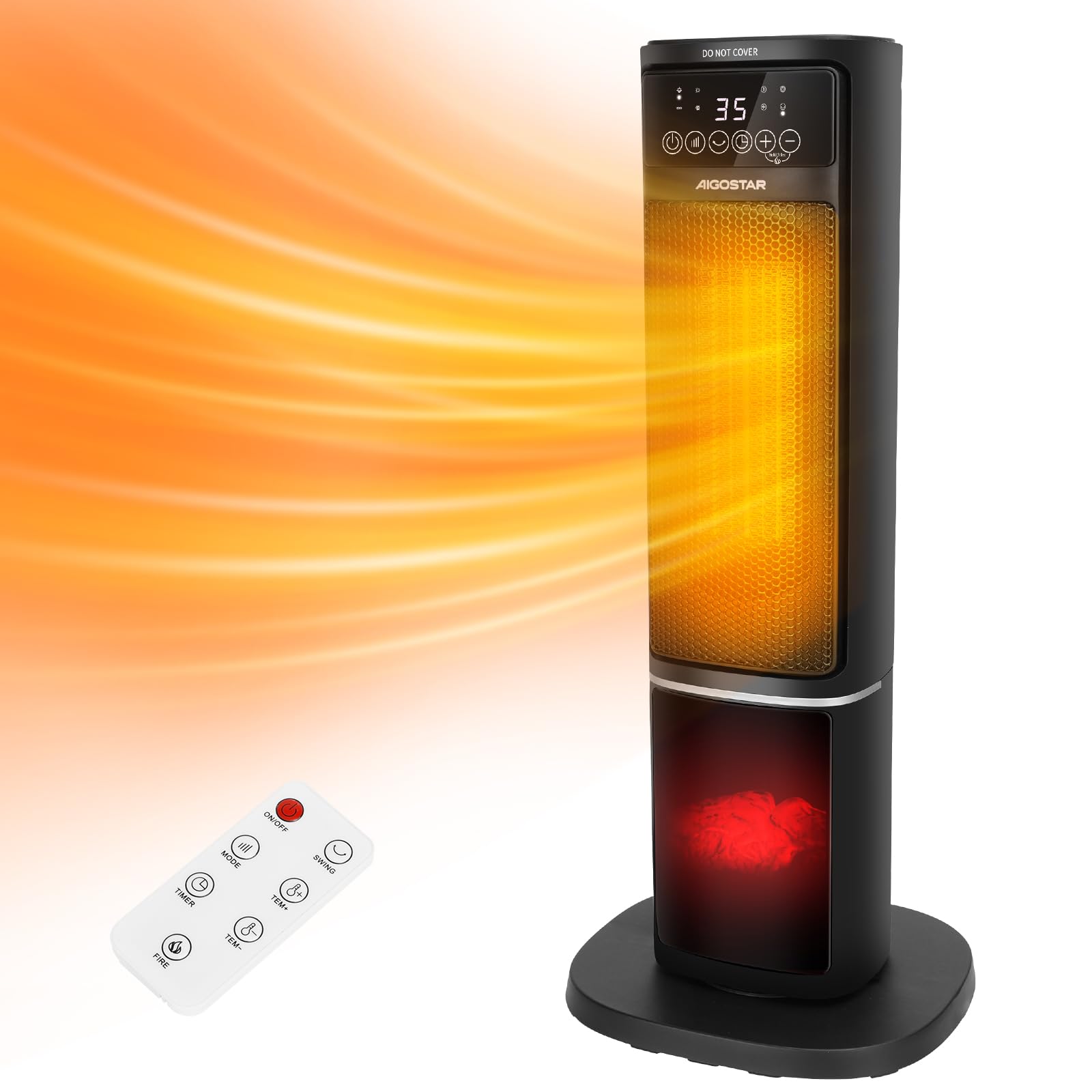 Aigostar Bert - Termoventilatore Ceramico Stufa Elettrica a Torre Silenziosa Riscaldatore elettrico con Telecomando 3 Modalità Termostato Regolabile, Timer 7.5h Oscillazione di 70 ° 2000W Nero