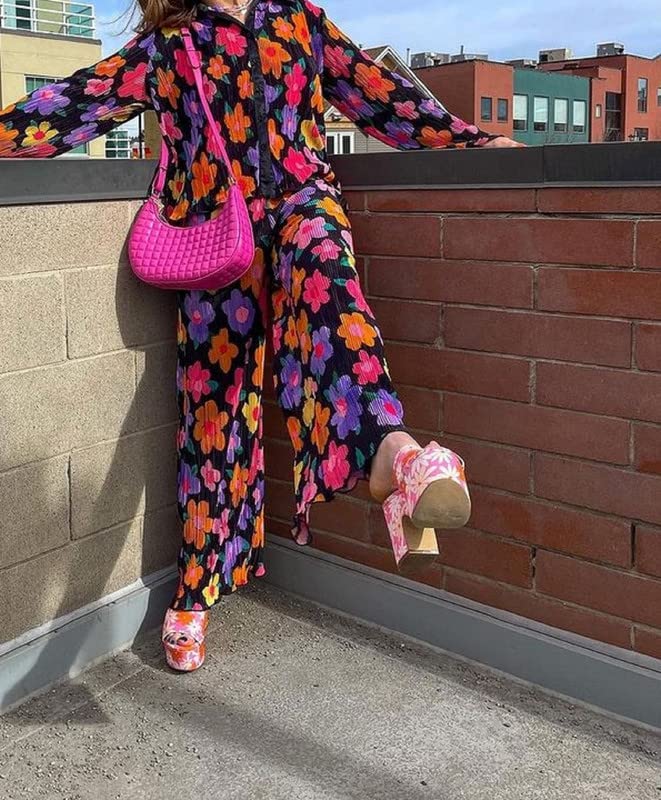 NUFIWI Women Pleated Two Piece Pants Set Print Long Sleeve Button Down Shirt and Pants Oversized Fashion TIK Tok Suit Set3