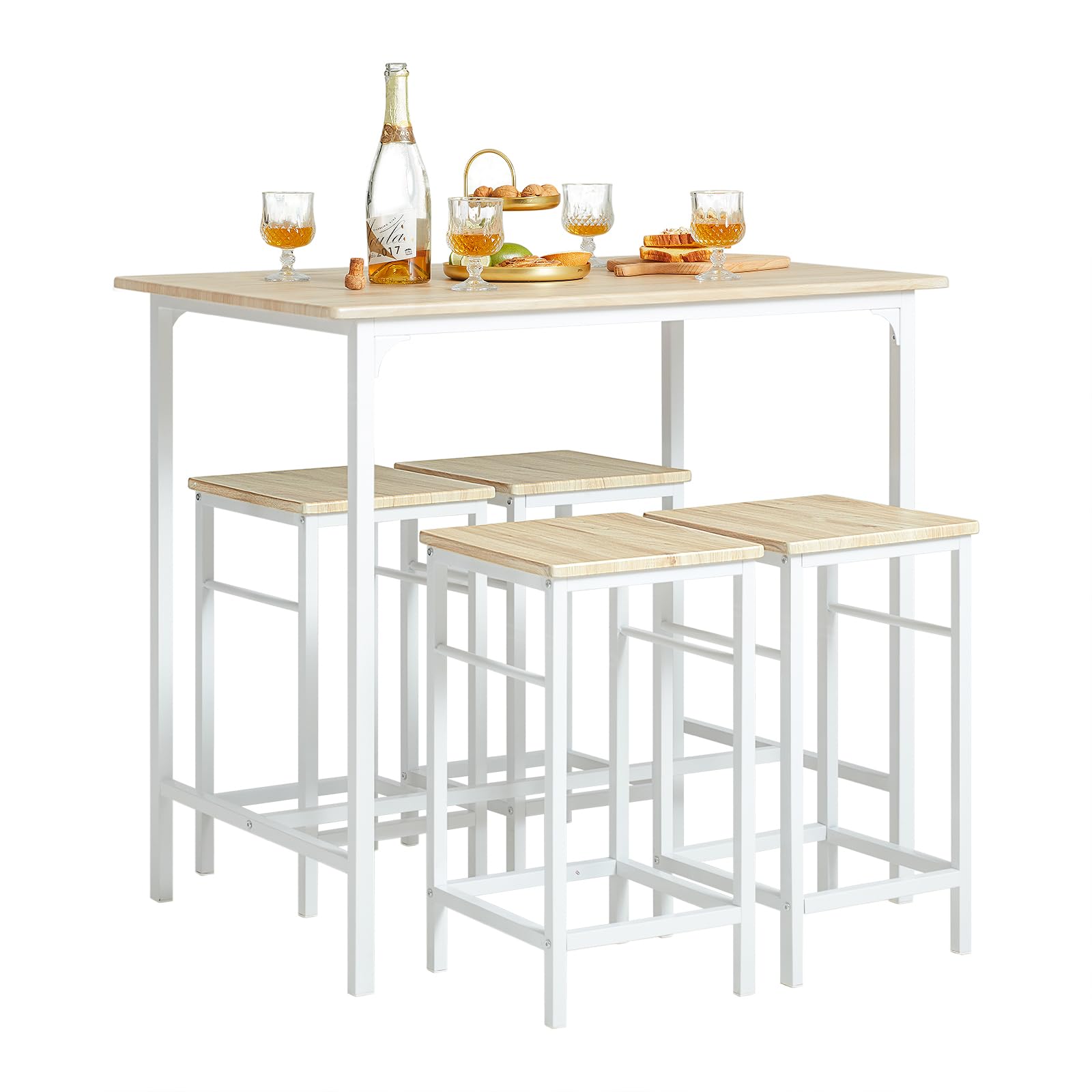 SoBuy Set de 1 Table + 4 Tabourets, Ensemble Table de Bar Bistrot + 4 Tabourets avec Repose-Pieds, Table Haute, Mange-Debout pour Salle à Manger, Cuisine, Salon, Balcon, Blanc+Naturel, OGT11-WN