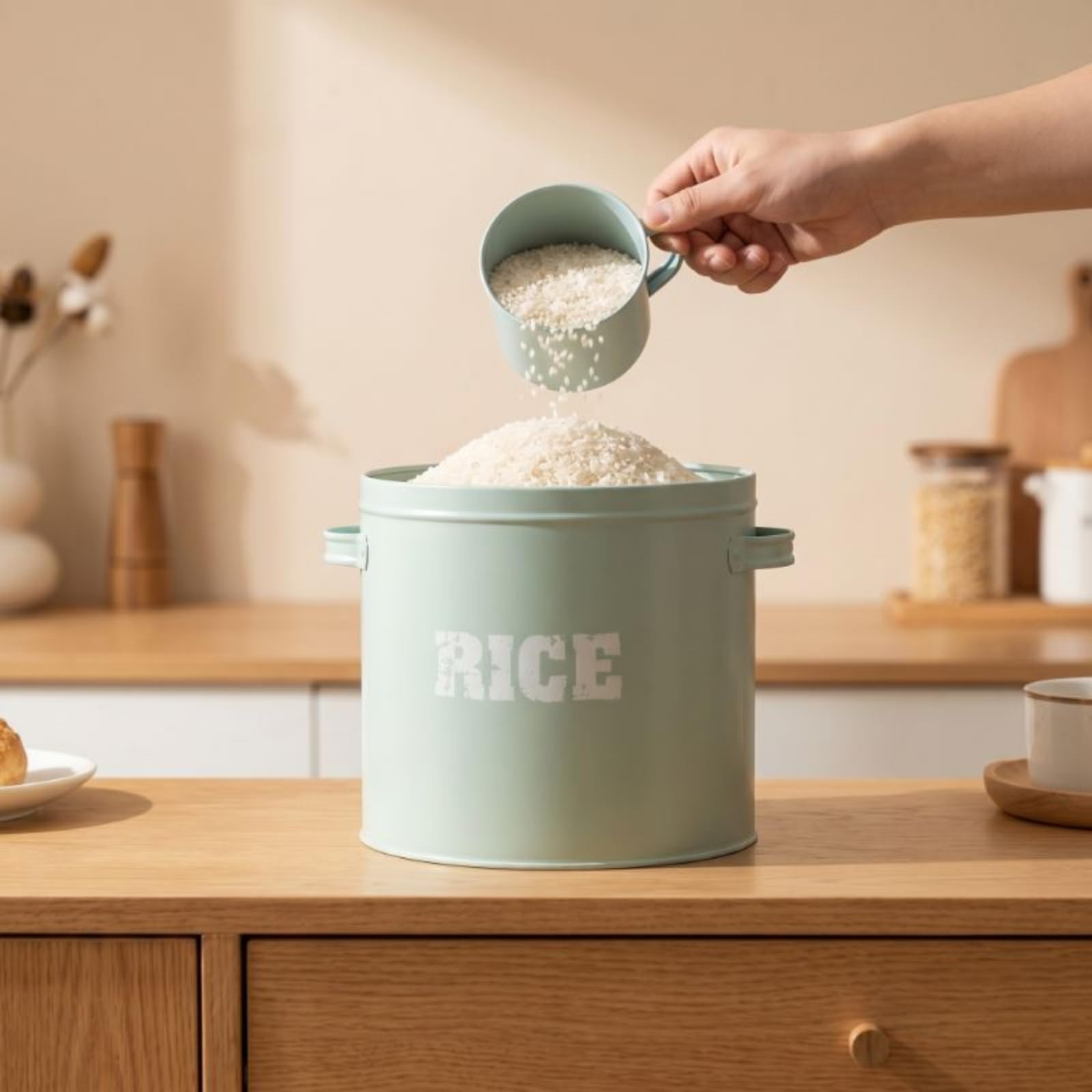 behälter mit Messbecher praktisch box mit Messbecher tragbar eimer Deckel für Familien, Hobbyköche, Küche, Speisekammer, Arbeitsplatte