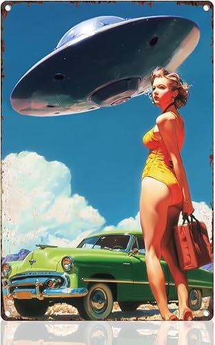 Pin Up Lady - Cartel de hojalata de metal retro para decoración de pared de 8 x 12 pulgadas, póster de arte de pared de automóvil con platillo