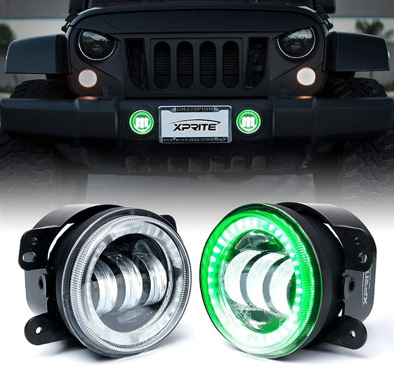 Farol de neblina LED Xprite 4" com halo DRL verde para Jeep JK JKU 2007–2018 – Par
