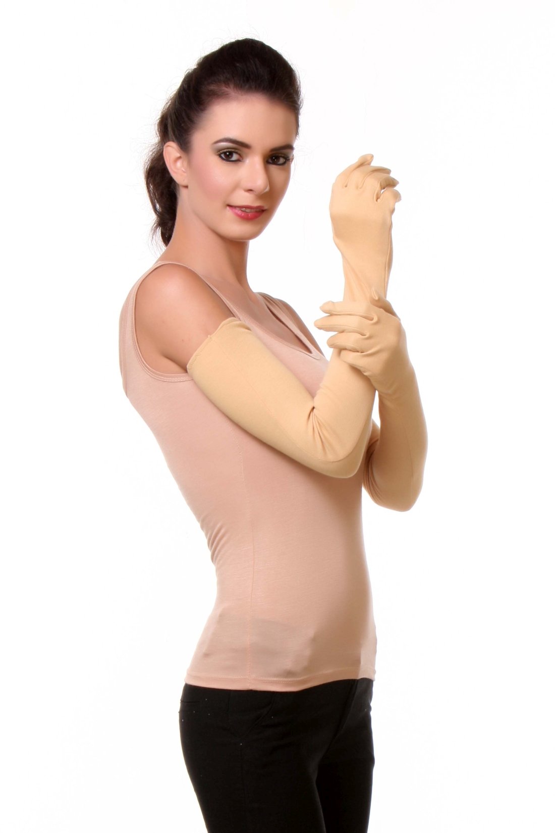 Teemoods Womens Full Arm Gloves for Protection Against Sun UV Rays, Tanning, Pollution and Dust, Beige, 1 Pair