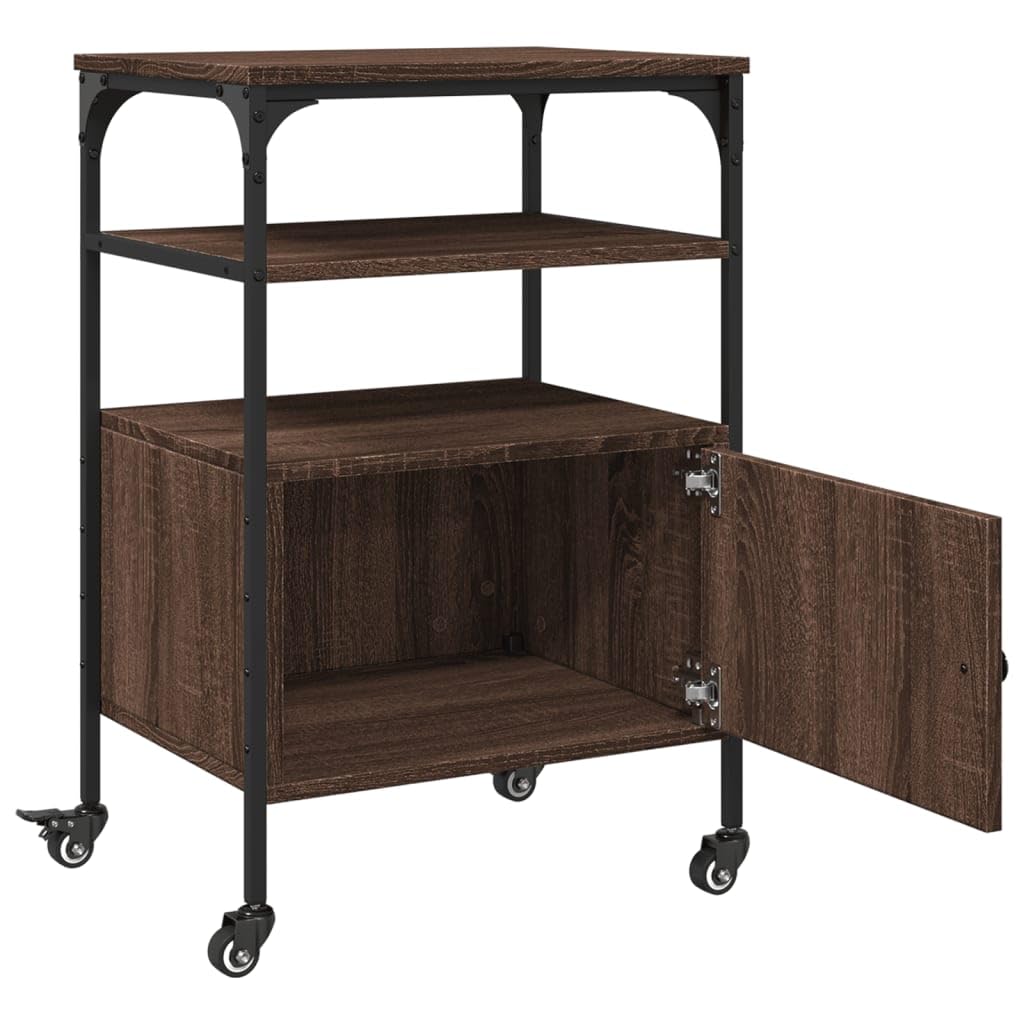 Druckertisch Braun Eichen-Optik mit 3 Ablagen, Druckerständer Büro 50x40x76 cm, Druckerregal aus Holzwerkstoff und Stahlrahmen, 4 Rollen mit 2 Bremsen, multifunktional