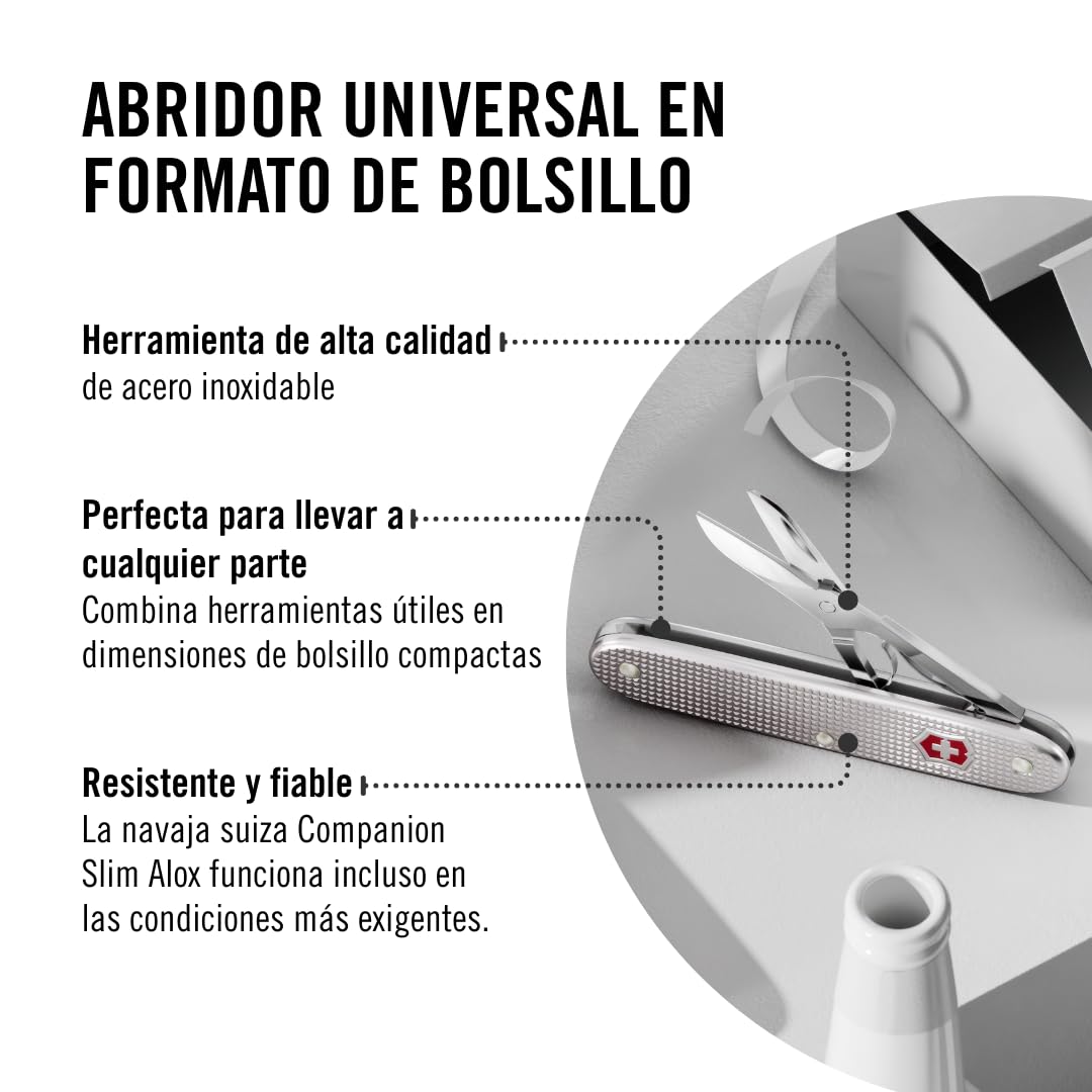 Victorinox Herramienta de bolsillo Companion Slim Alox, multiherramienta, 6 funciones, tijeras, abrepaquetes, destornillador, Hecha en Suiza, plateada