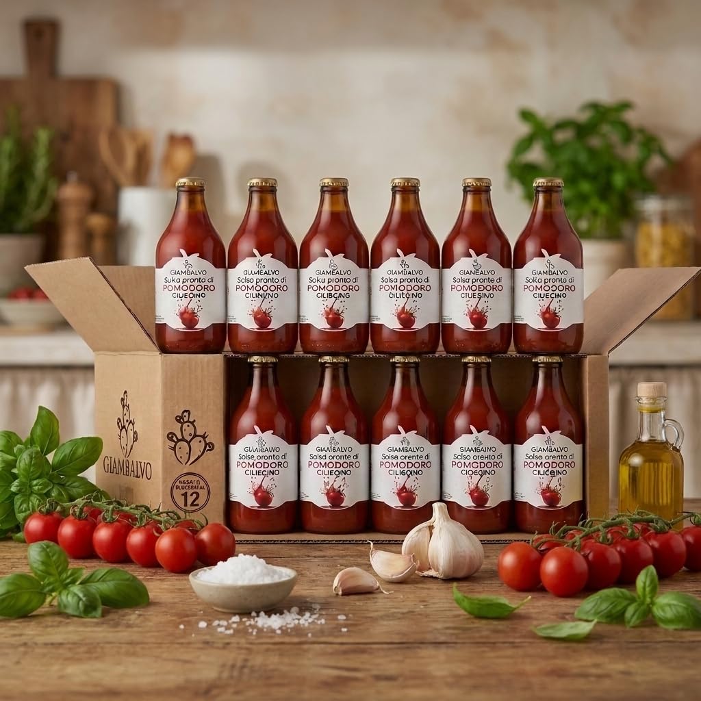 Giambalvo Salsa Pronta di Pomodoro Ciliegino Siciliano, Passata di Pomodoro in Bottiglia di Vetro, Confezione da 12 Bottiglie da 330g