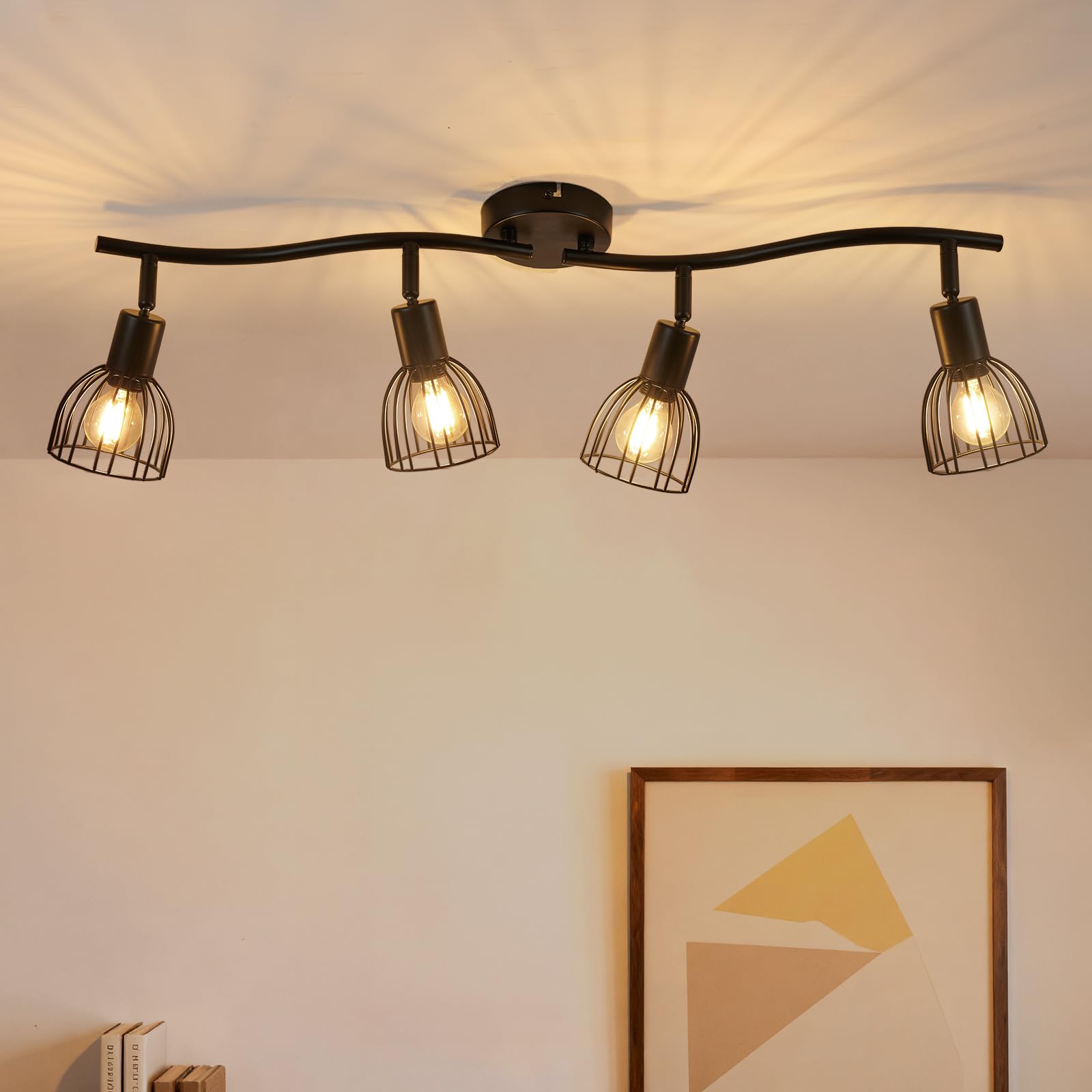 Leselux LED Deckenstrahler 4 Flammig, Strahler Deckenleuchte Schwenkbar 350°, Metall Deckenlampe Schwarz E14 Fassung, Industrial Deckenspot Wandstrahler für Küche Flur Schlafzimmer, Ohne Leuchtmittel