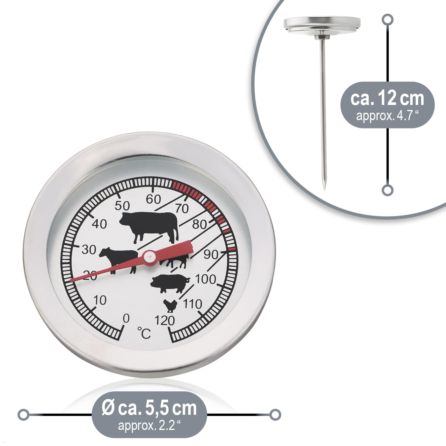 com-four® Termómetro para Asados de Acero Inoxidable - Termómetro Analógico de Carne hasta 120 °C - Termómetro de Parrilla - Aguja de Carne - 10 cm (001 pieza)