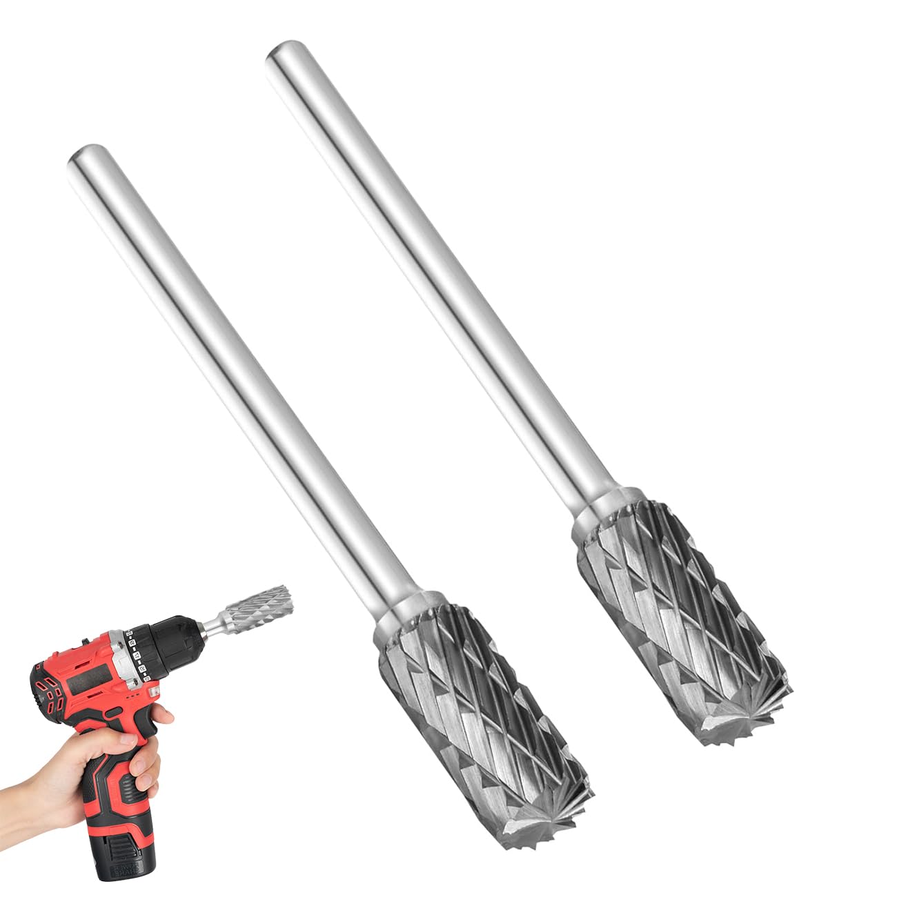 2 Pack Tungsten Carbide Rotary Burr, High Speed Double Cut Die Grinder Bits for Dremel Rotary Tools, Cylindrical File Carving Engraving Polishing Grinding Accessories for Metal, Wood, Plastic & Steel