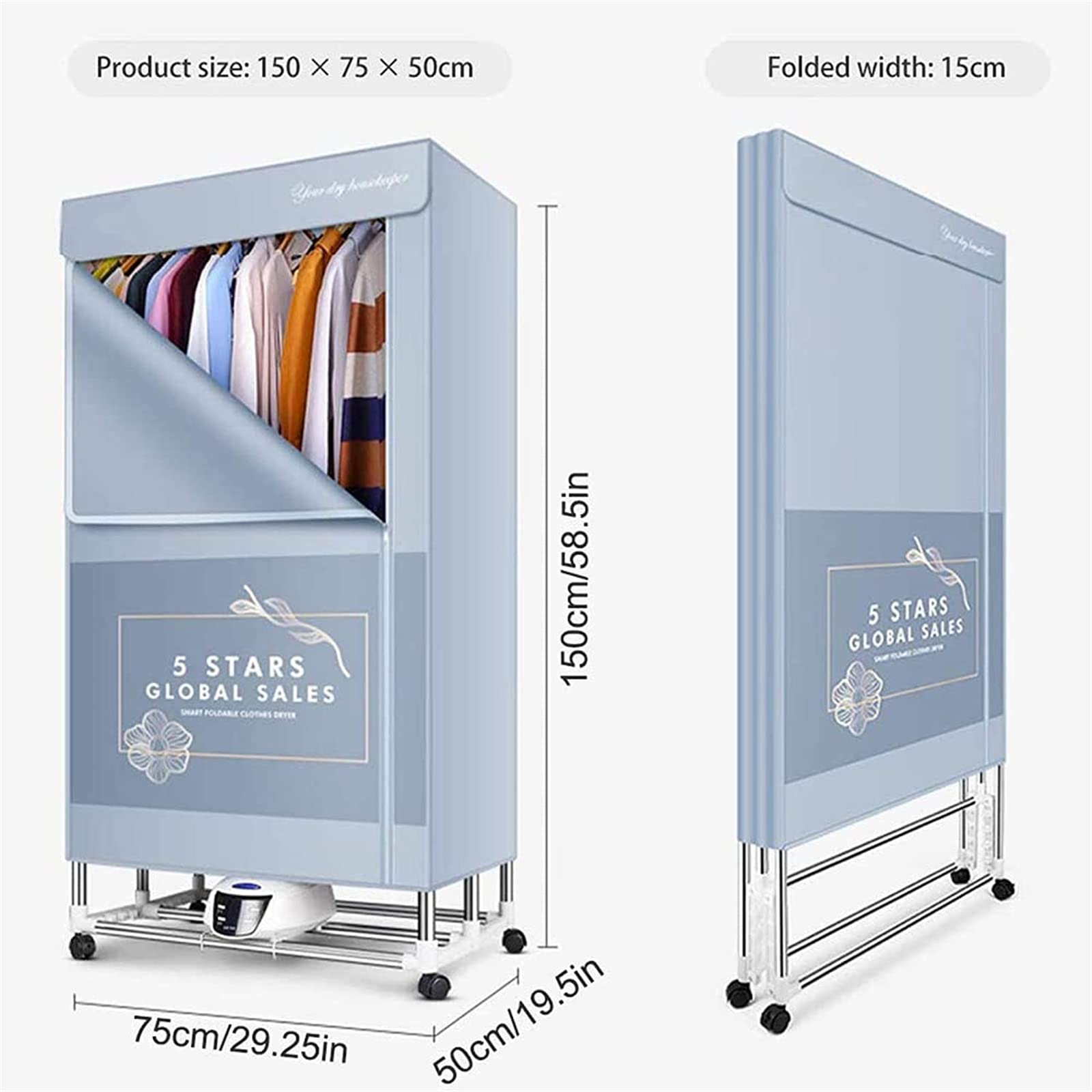Secadora de Ropa Plegable(Control Remoto), Secadora de Ropa Eléctrica Portátil 2000W Calentada Máquina Secadora de Ropa Gran Capacidad 40 Kg Doble Capa Eficiente