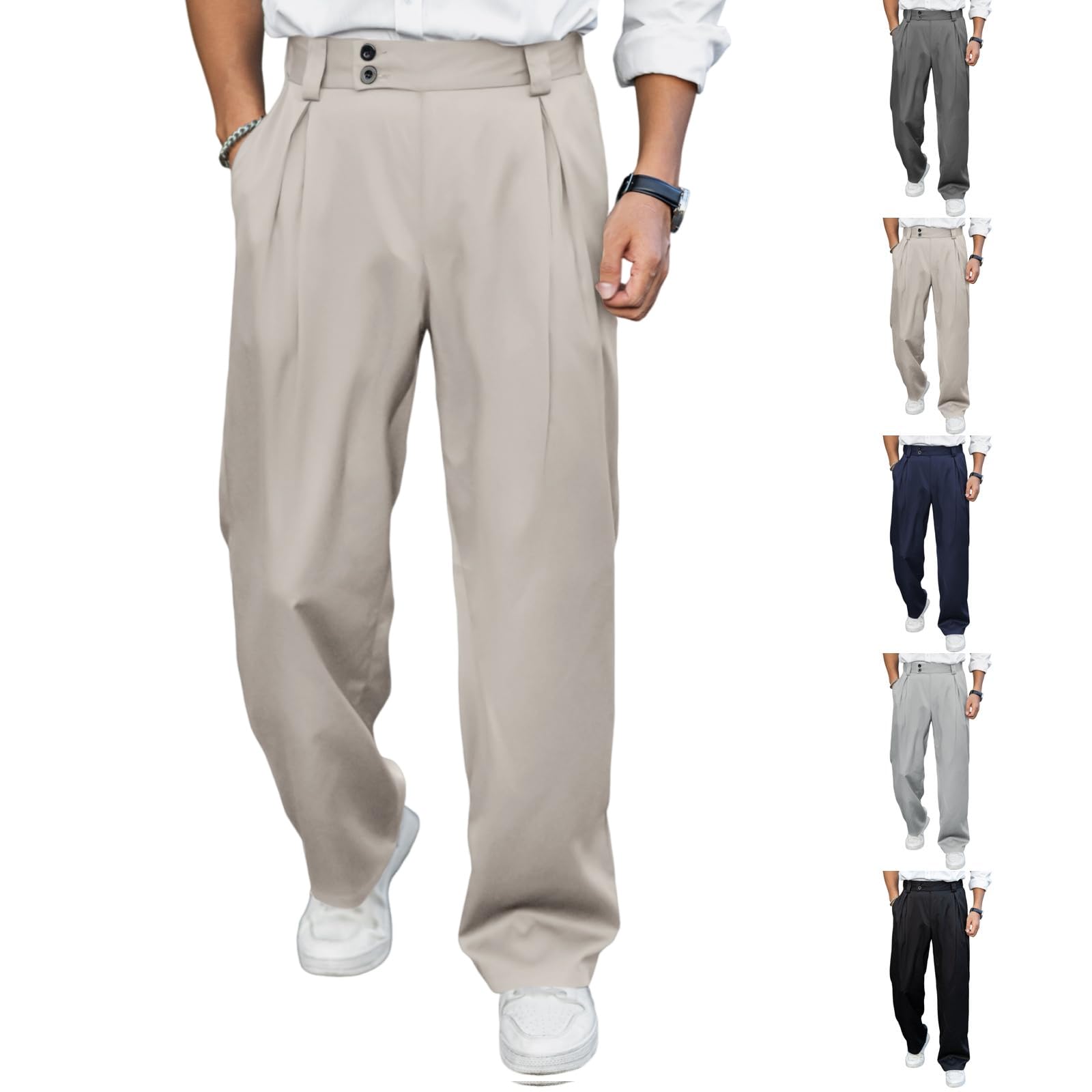 Dress Slacks for Men Button Casual Pleated Straight Leg Dress Pants Loose Fit Lightweight Comfy Trousers with Pockets