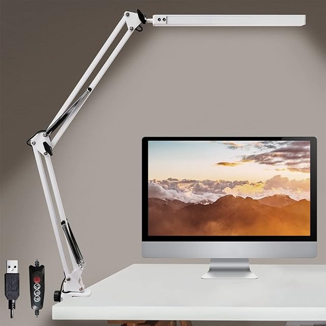 GLOBAL GOLDEN LED Desk Lamp with Clamp, Desk Light Metal Swing Arm Desk Lamp Eye-Care Dimmable USB Table Lamp for Study, Office, Working, Drawing, 3 Lighting Modes,10 Adjustable Brightness