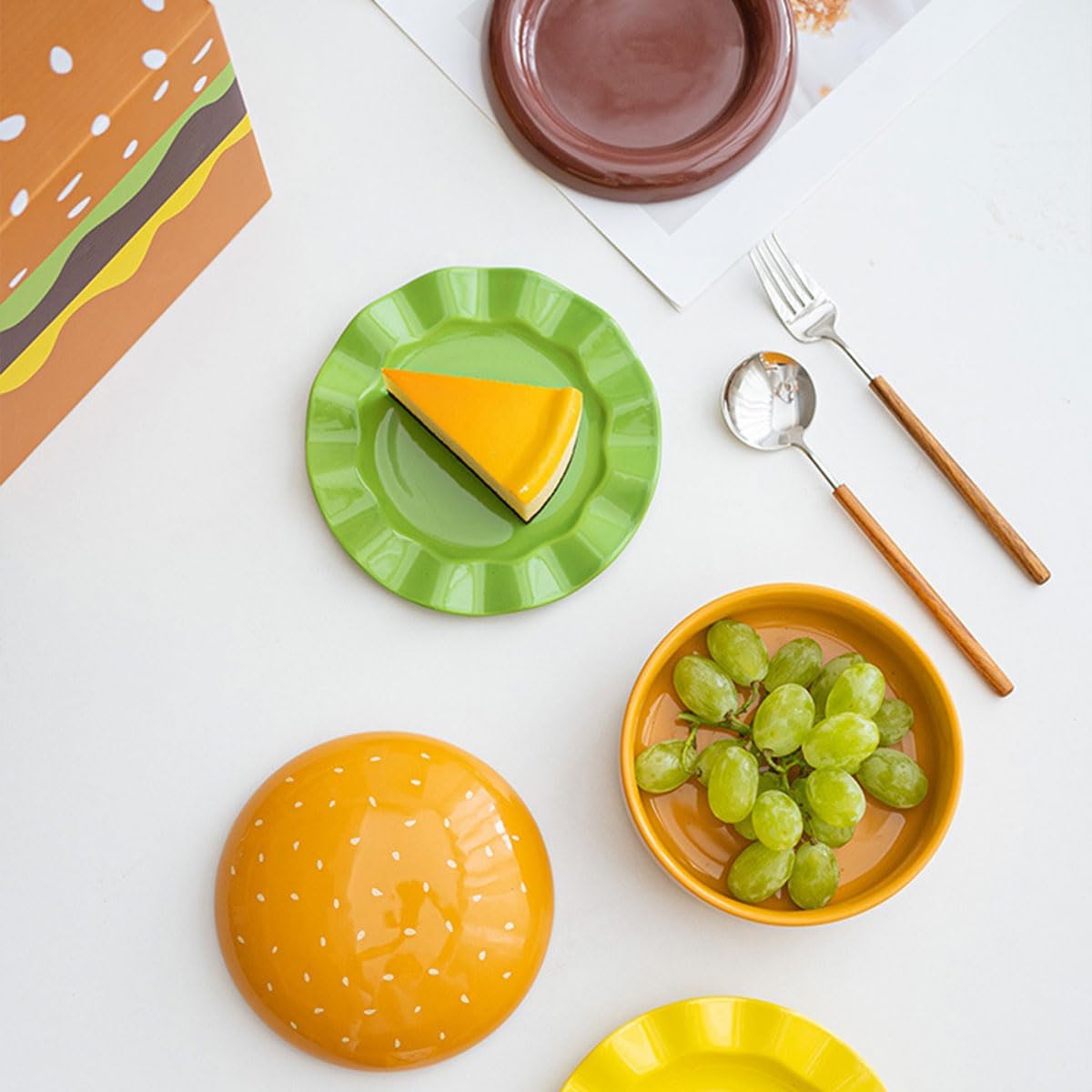 Hamburger Plate Stack Ceramic Dinnerware Set, 5-Piece Burger Stack Plates with Gift Box, Creative Hamburger Dish Set for Parties & Home (A)