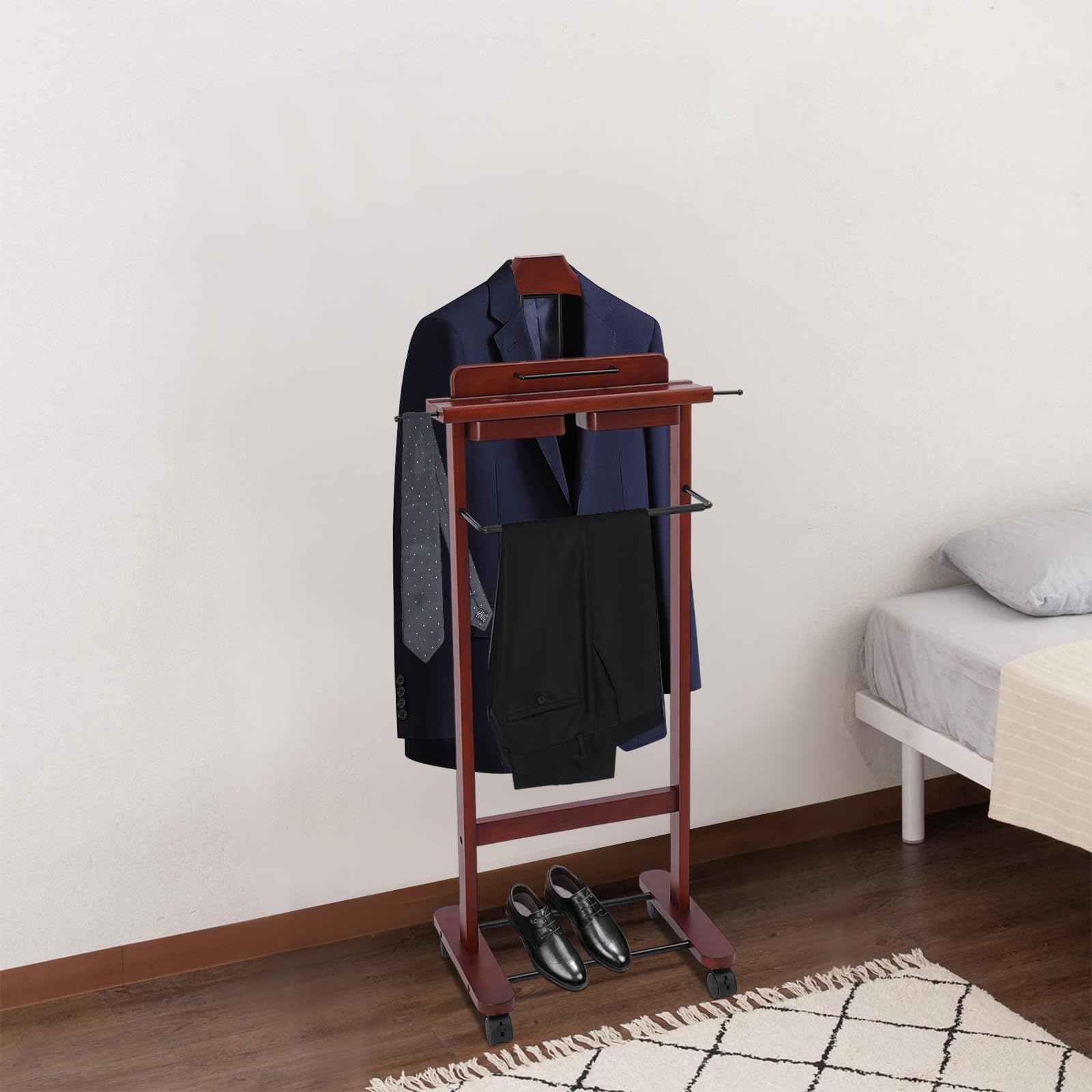 Coehazelf Wood Suit Rack,Reddish Orange Freestanding Suit Stand, Vintage with 4 Universal Wheels for Entryways, Living Rooms, Hallways, Hotels 18.11 * 12.6 * 40.55in