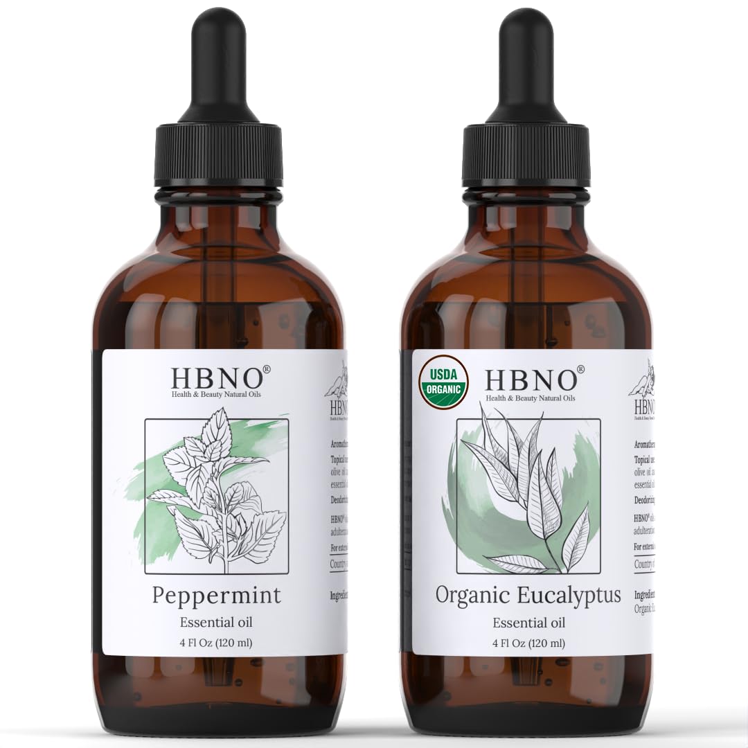 HBNOPeppermint Essential Oil - Huge 4 oz (120ml) and HBNO Organic Eucalyptus Essential Oil (Globulus) - Huge 4 oz (120ml) - Value Bundle