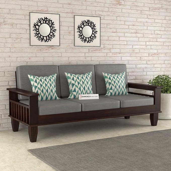 Image of Sheesham Wooden 3 Seater Sofa for Living Room | Rosewood 3 Seater Cushion Sofa with Side Newspaper Holder for Home & Office | Solid Wood Sofa Set for Lounge (Walnut Finish)