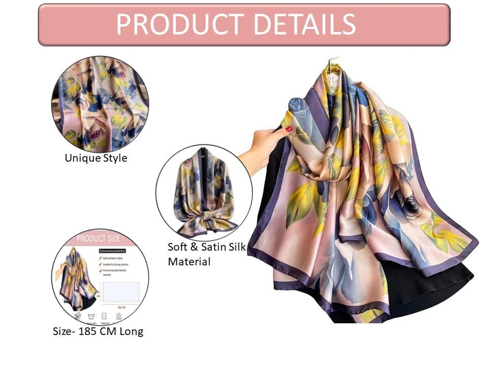 Image of Alexvyan Satin Silk Summer Scarves 180 x 84 cm, Blue Rose Theme with Stitched Border, Lightweight Fashion Scarf for Women Sun Protection Stole