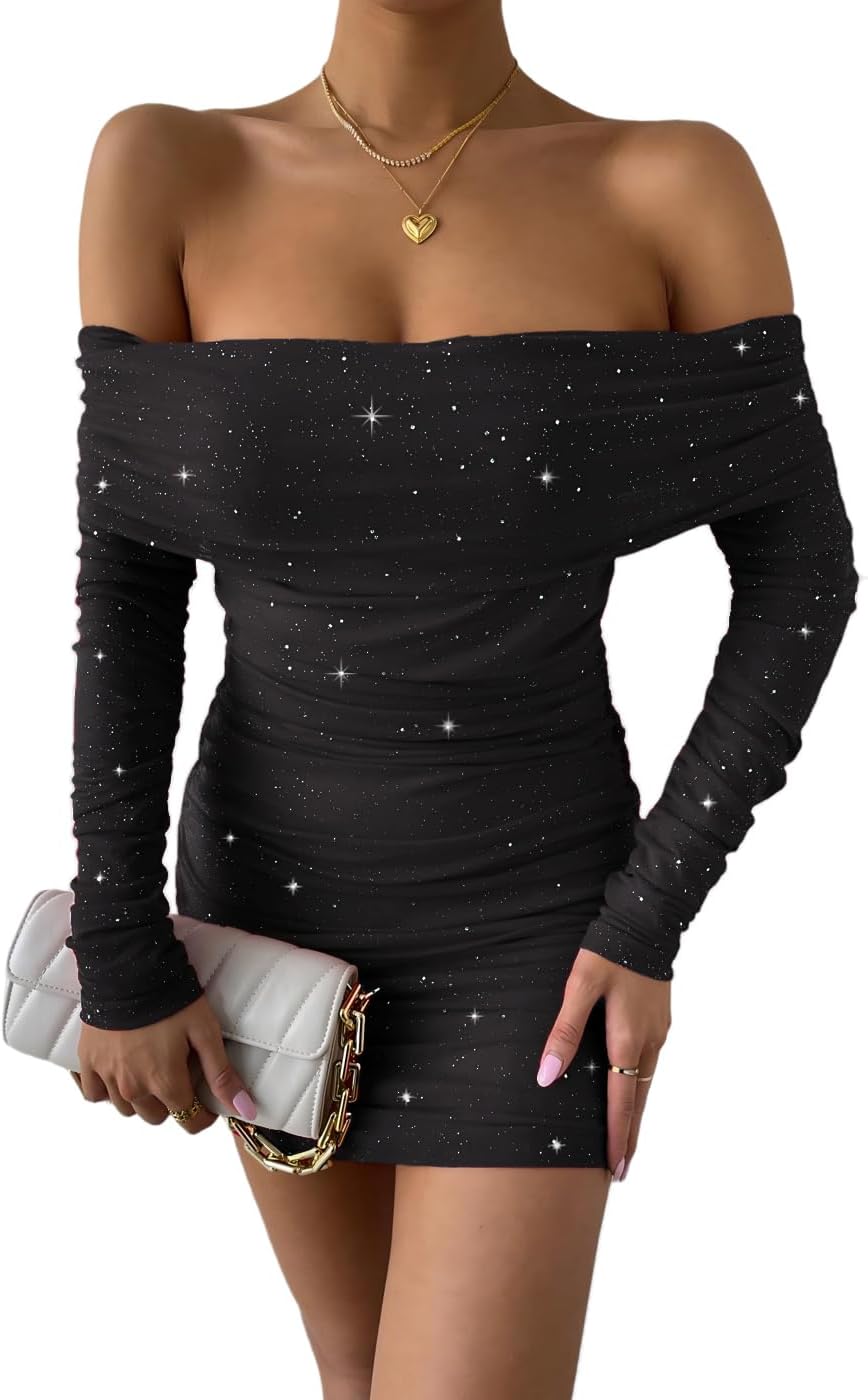 Women's Sexy Sparkly Glitter Off The Shoulder Long Sleeve Bodycon Ruched Cocktail Party Outfit Mini Dress