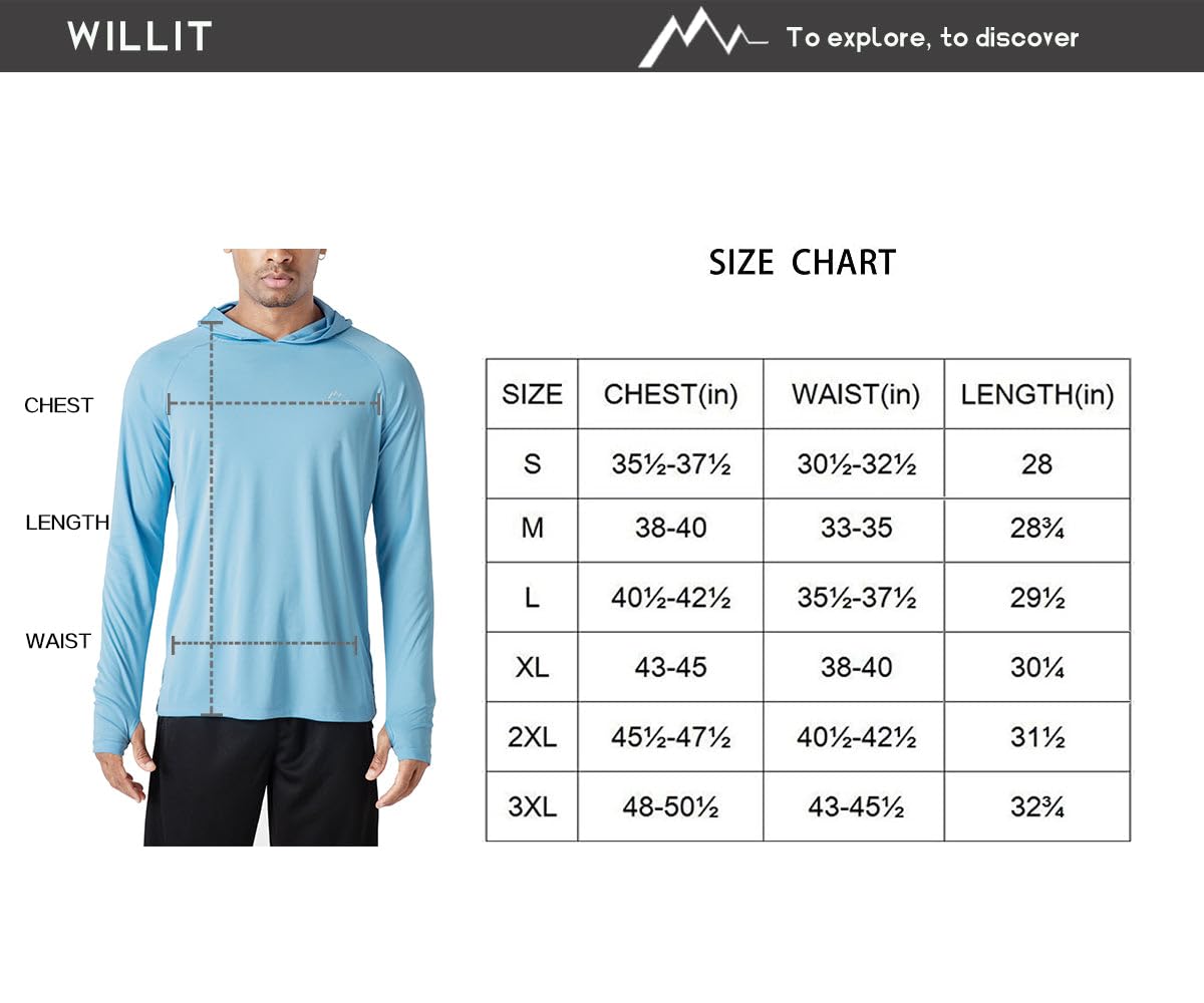 WILLIT Felpa con cappuccio da uomo UPF 50+, protezione solare Rashguard con cappuccio, a maniche lunghe, SPF, pesca all'aperto, corsa, escursionismo