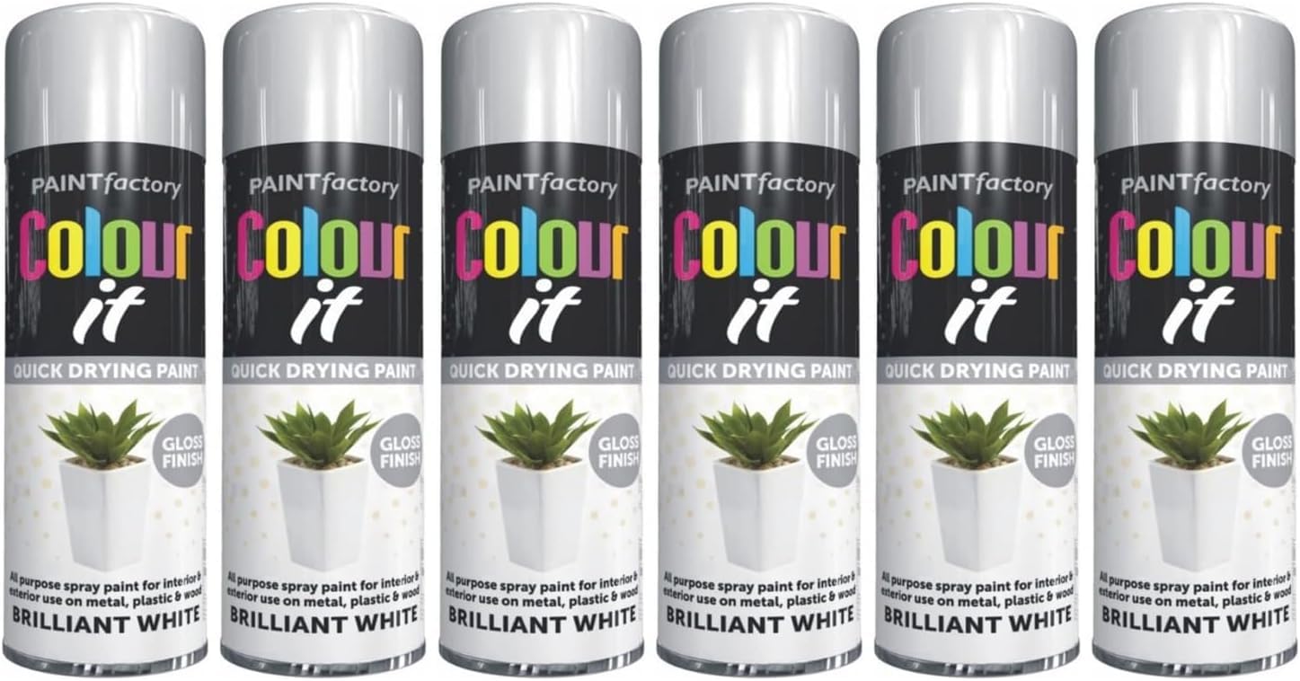 FAMBIZ Brilliant White Gloss Spray Paint, Quick-Drying Formula, Long-Lasting Protection, DIY Enthusiasts, Perfect for Wood, Metal, Plastic, Interior And Exterior Use, 250ml, (6 Pcs)