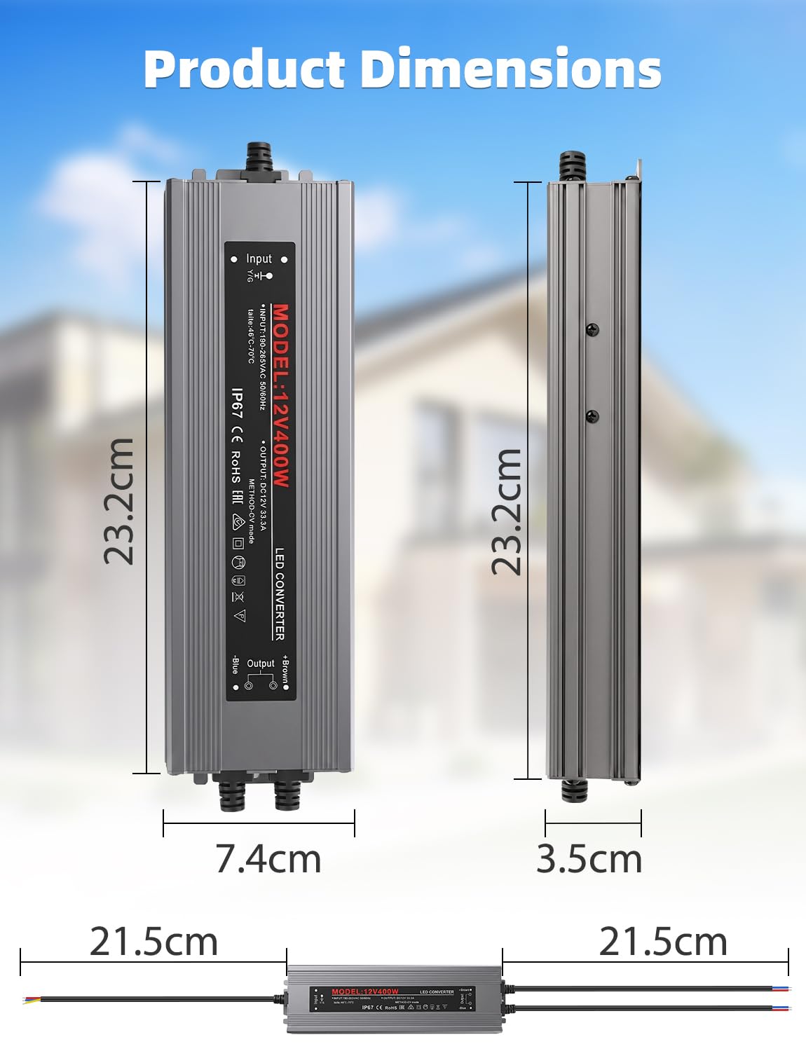Trasformatore LED da 12 V, 400 W, IP67, impermeabile, senza sfarfallio, alimentatore di rete LED AC 190-265 V 50/60 Hz con 2 uscite, DC 12 V 33,3 A, trasformatore di tensione per strisce LED e strisce