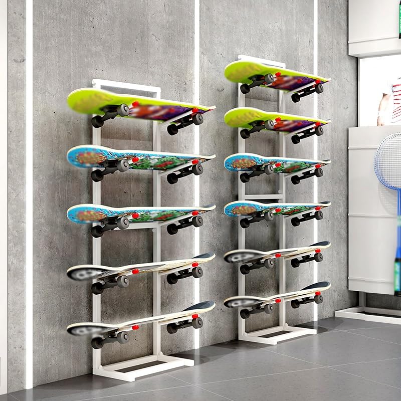 PFCDZDU 4/7-Tiers Skateboard Storage Racks, Floor Snowboard Display Stand, Home Gym Double Sided Skateboard Organize Holder for Skis/Scooter/Longboard(Silver,37x30x110cm)