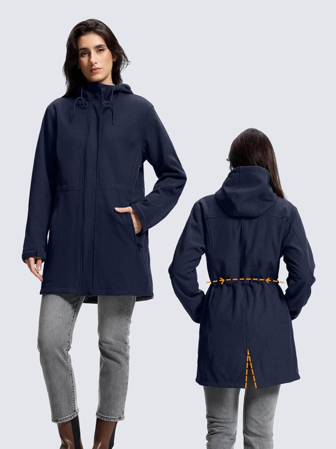 SaphiRose Women's Waterproof Rain Jacket with Fleece Lining Hooded Windbreaker Long Warm Outdoor Softshell Coat - Image 2