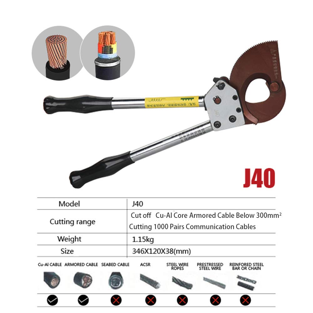 J40A Ratchet Cable Cutter, Industrial Grade Heavy Duty Wire Cutters Manganese Steel Cable Cutting Tool Clamp Gear Electricians Appliance Scissors For Copper Aluminum Armored Cable Up To 300mm