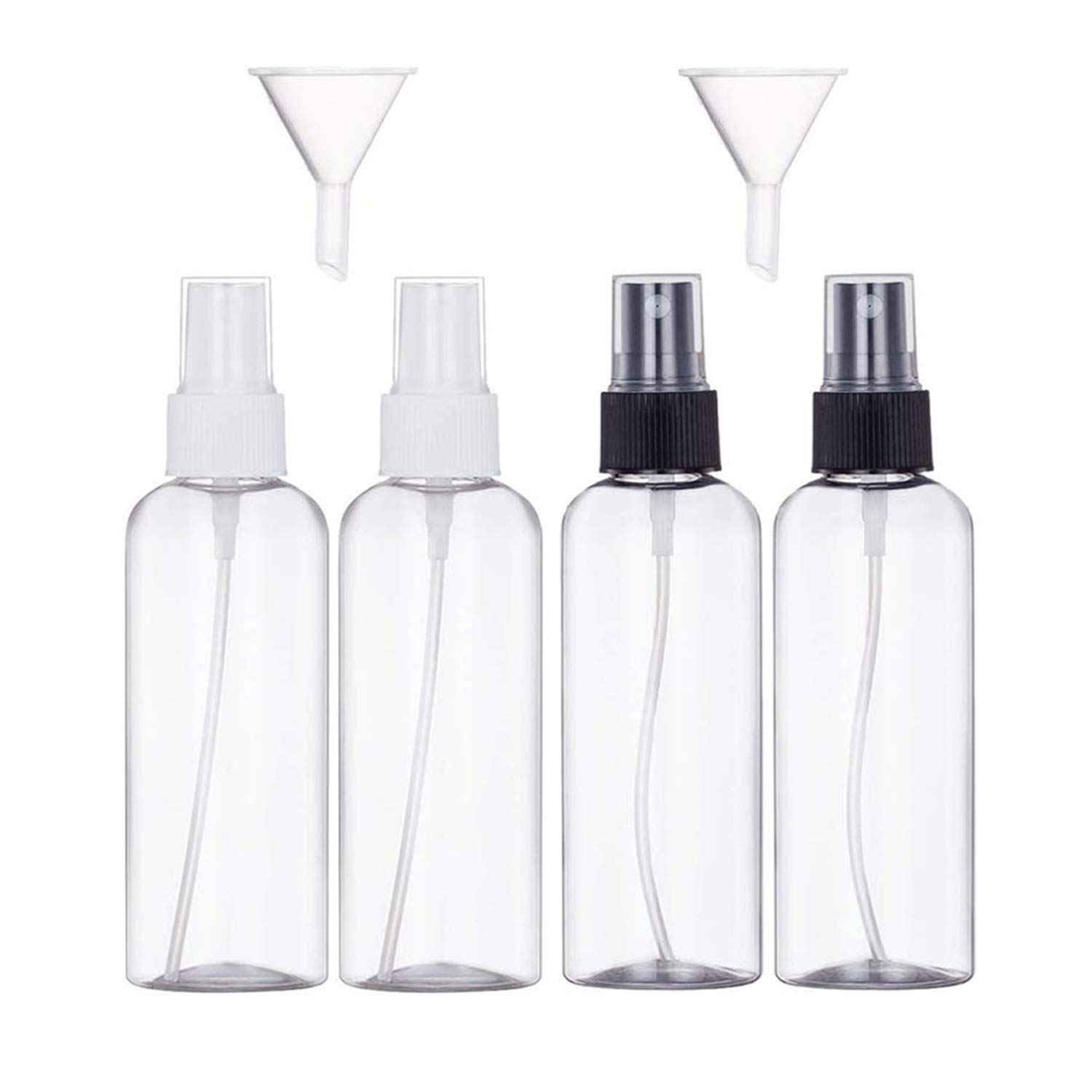 Jamhoodirect Transparent 4Pcs, 100Ml Spray Bottle Empty Plastic Fine Mist Travel Atomiser Set With 2 Funnels & 12 Labels - Clear Refillable & Reusable Bottle Toiletries Liquid Containers For Cosmetic Make-Up
