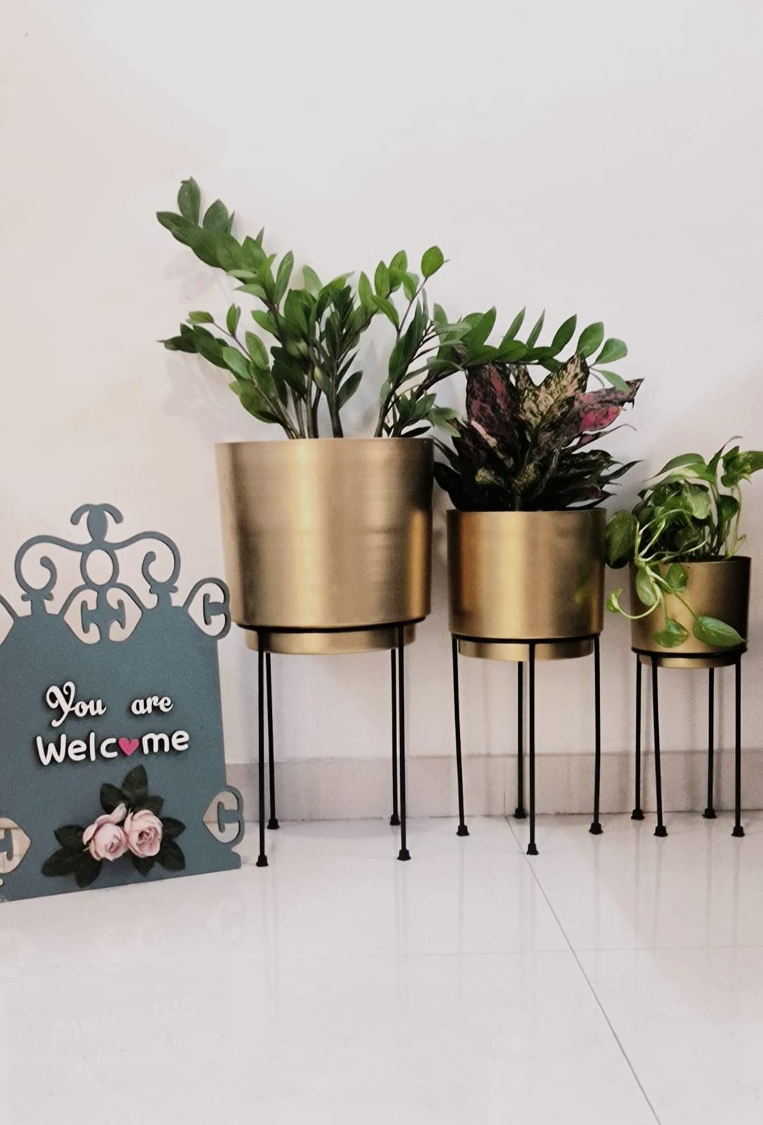 INSHREYS Set of 3 Mid Century Golden Large Planters with Black Metal Stand for Snake, Palm, Spider, Monstera Plant Modern Decorative Purpose for Living Room, Balcony, Entrance, Office Reception 1