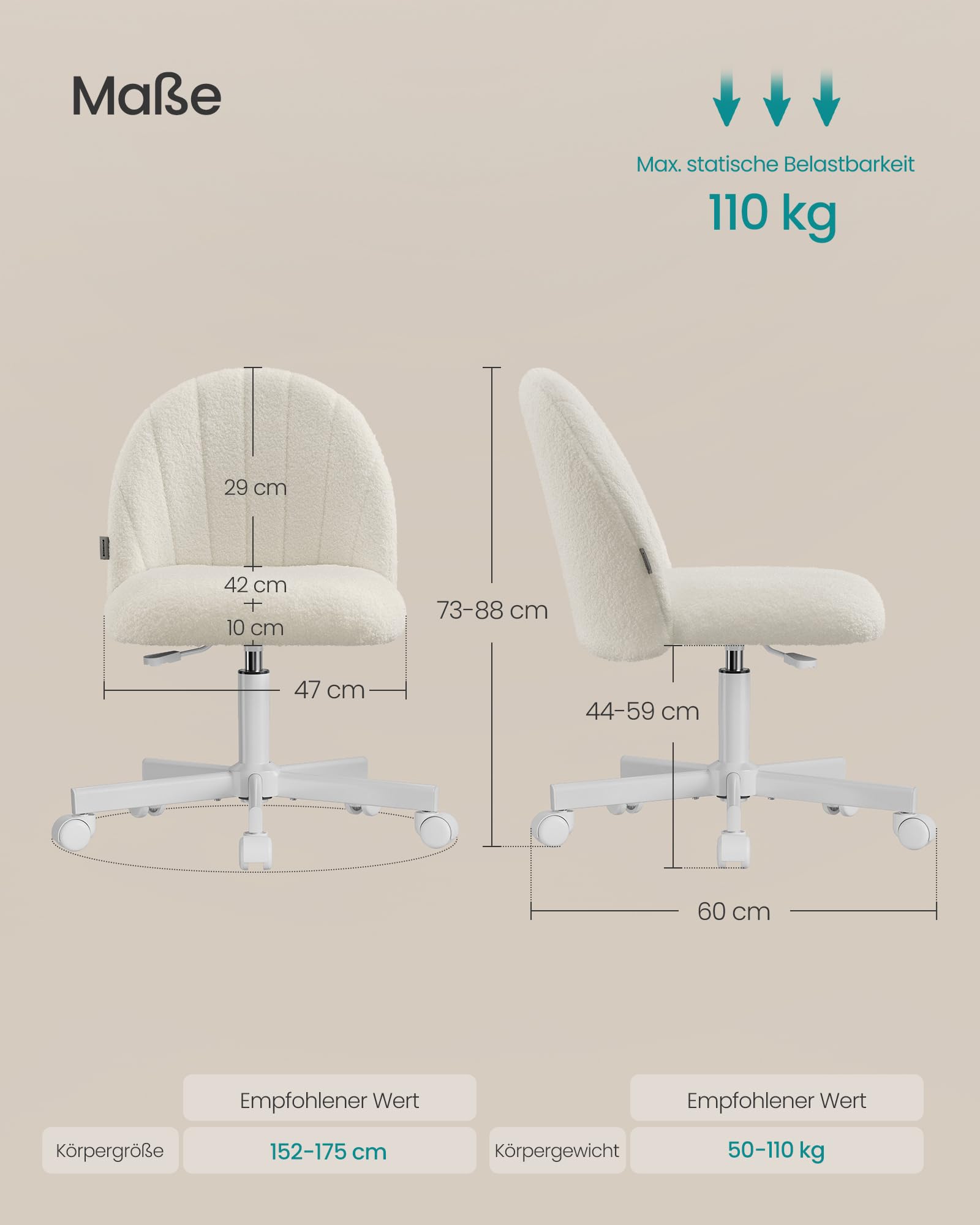 SONGMICS Homeoffice-Stuhl, Schminkstuhl aus Fleece, Schreibtischstuhl, Schaumstoffpolsterung, höhenverstellbar, für Arbeitszimmer, Schlafzimmer, Ankleidezimmer, cremeweiß OBG027WD01
