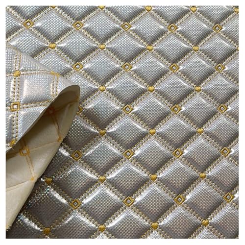 Tissu en simili cuir brodé point matelassé rembourré argenté pour sellerie 1.4X3m