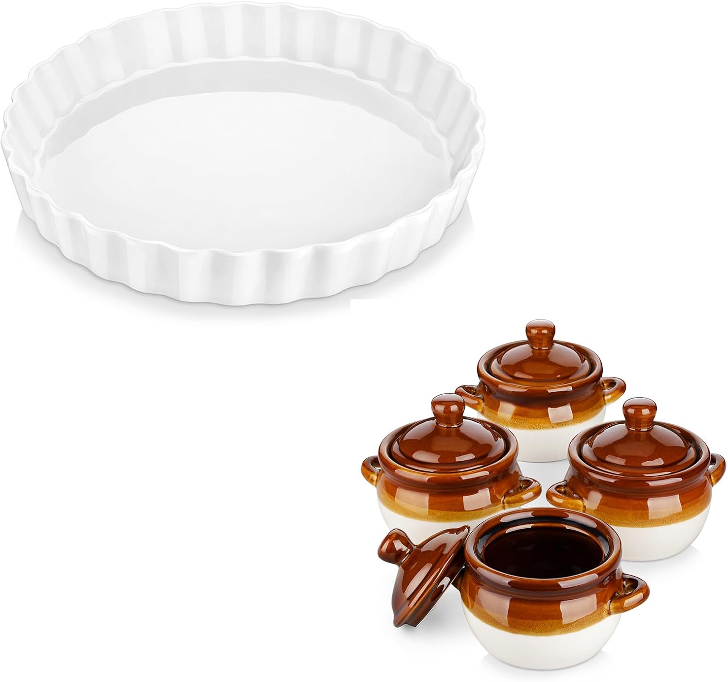 LOVECASA 10 Inch Reusable Pie Pan Quiche Pan Bundle 26 OZ French Onion Soup Bowls with Lid