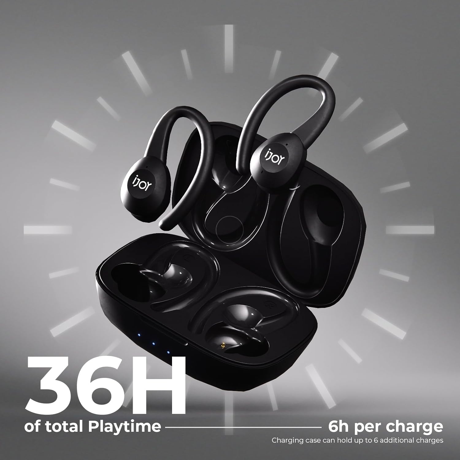 iJoy Wireless Running Headphones charging case open, showing earbuds and indicating 36 hours total playtime