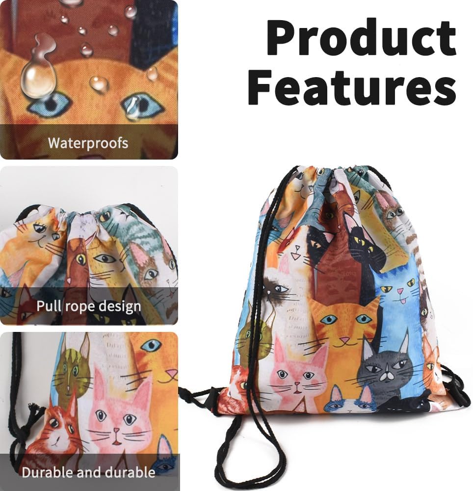 Cat Print Drawstring Backpack, Cute Cartoon Cat Gym Bag