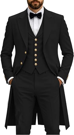 Mens Tailcoat Formal Suit Slim Fit 3 Piece Long Suits Jacket Men