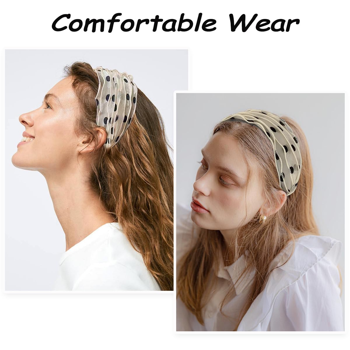 3 diademas grandes y anchas para mujeres y niñas, diadema de encaje con lunares, elegantes diademas elásticas con dientes, accesorios de moda para la cabeza, colores mezclados
