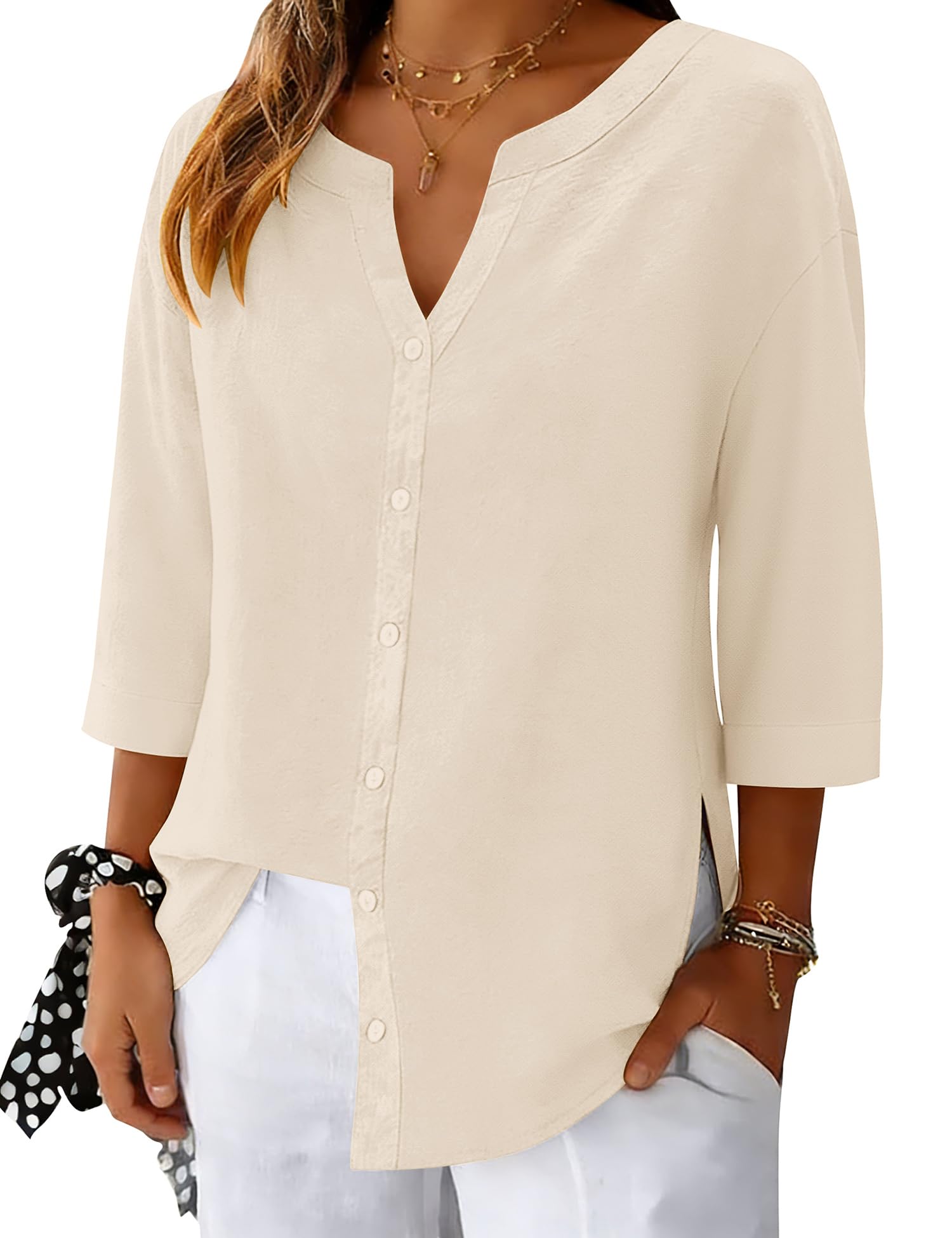 LOMON 3/4 Length Sleeve Womens Tops V Neck 3/4 Sleeve Sides Slit Button Down Shirts Cotton Linen Casual Loose Blouses
