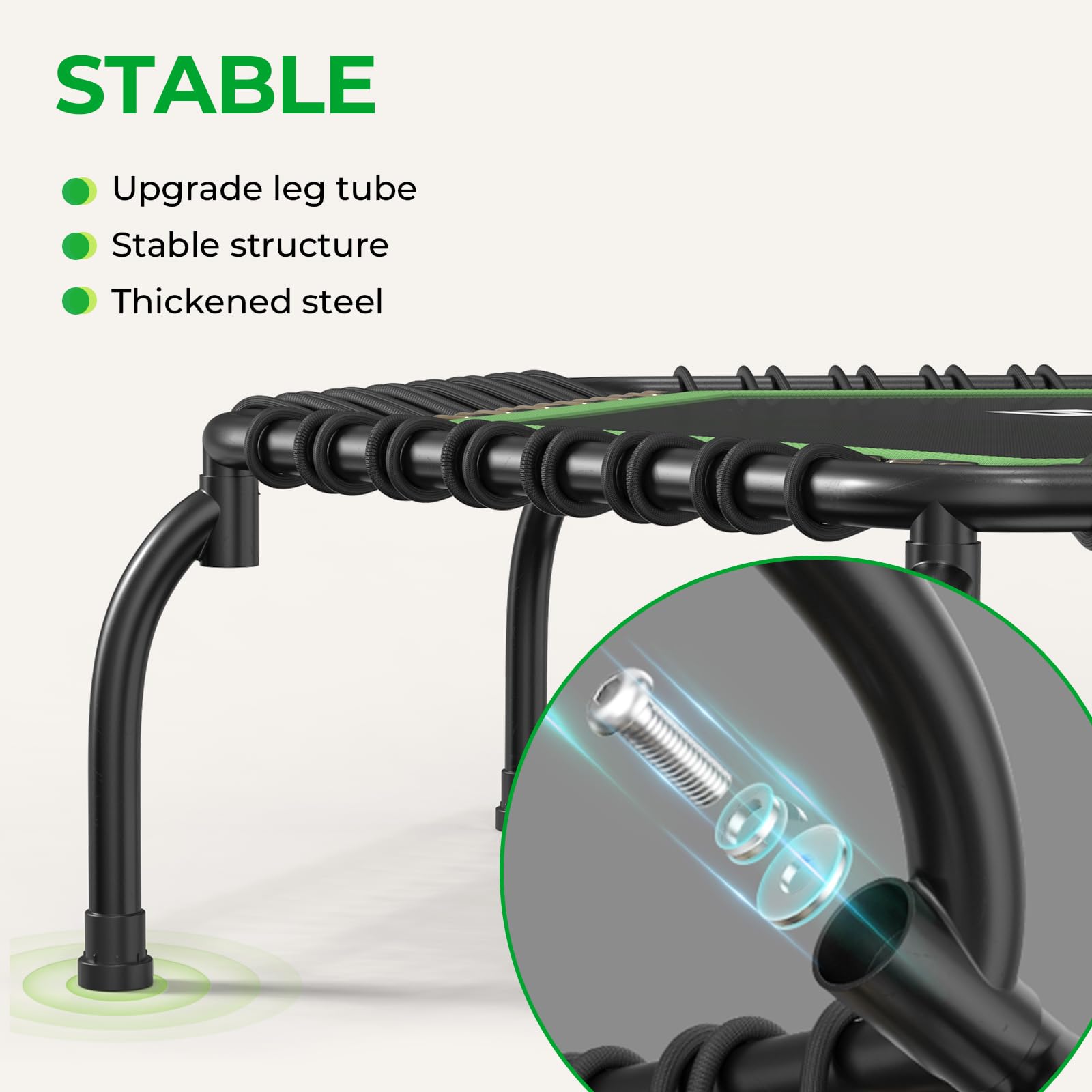 Trampolina wewnętrzna BCAN Fitness, średnica 102/122 cm, mini trampolina bungee/sprężynowa, odpowiednia dla osób dorosłych o wadze do 204/250 kg, z regulowanymi uchwytami, cicha i niskowibracyjna.