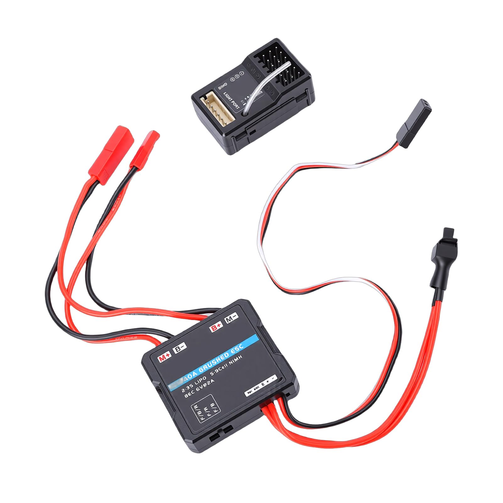 Nadajnik 2,4 GHz 6-kanałowy z odbiornikiem i 50 A ESC Zasięg sterowania 200 m Światła sygnalizacyjne Obsługa jedną ręką Sterowanie grupą połączonych świateł Zamiennik dla zdalnie