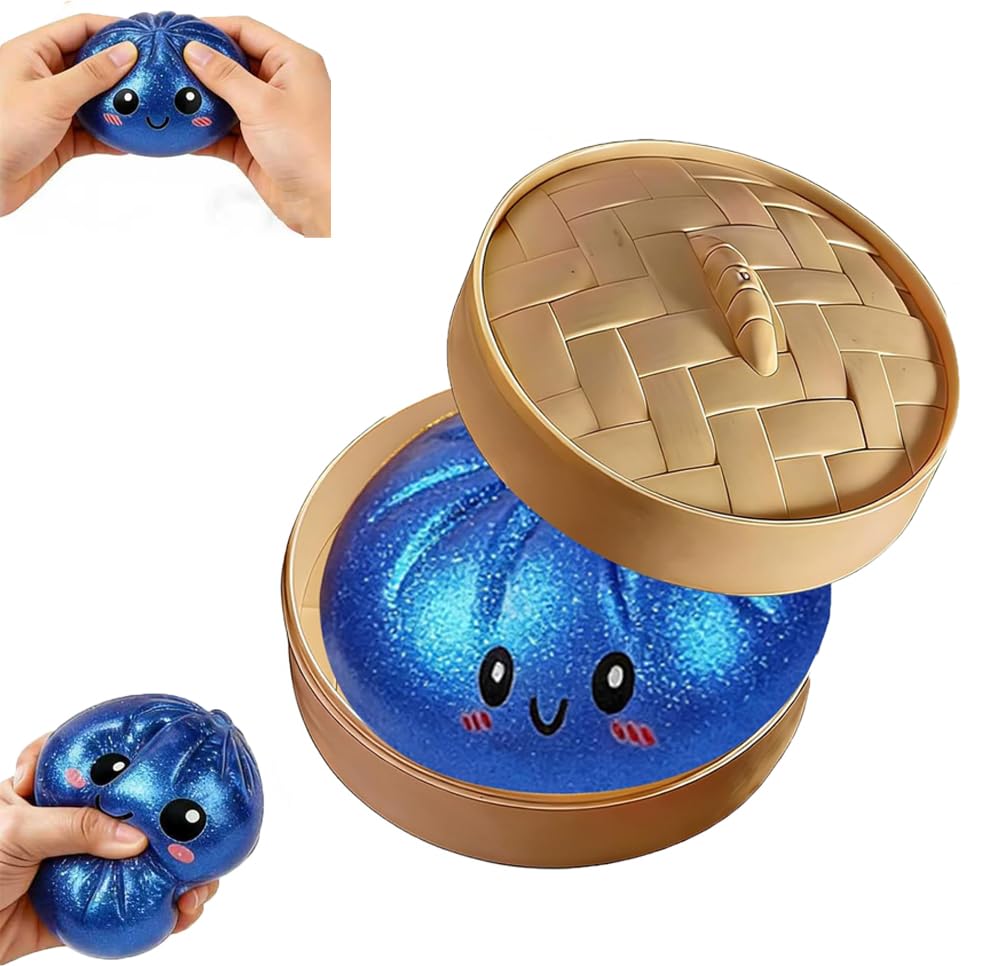 Glitter Dumpling Squishy, Colorful Dumpling Squishes Stress Balls with Steamer, Easter Gifts, Soft Squeeze Decompression Dough for Adults (Gold with Glitter) — view 7
