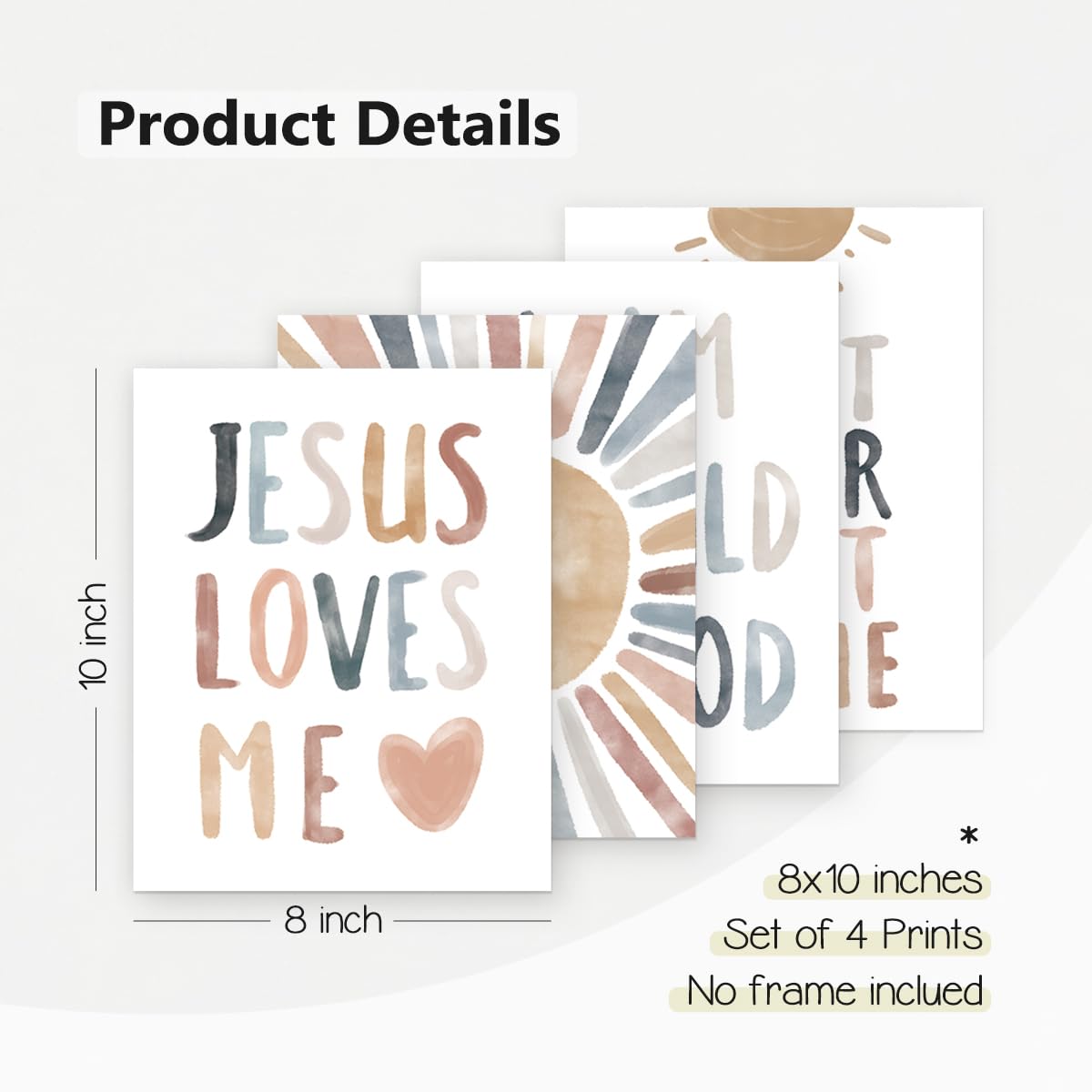 PLKMN 'Jesus Loves Me' wydruki ścienne, dziecko Boże, inspirujące wersety biblijne boho słońce dekoracja do pokoju dziecięcego pokoju dziecięcego, prezenty dla dzieci, 25 x 20 cm, zestaw 4 szt.,