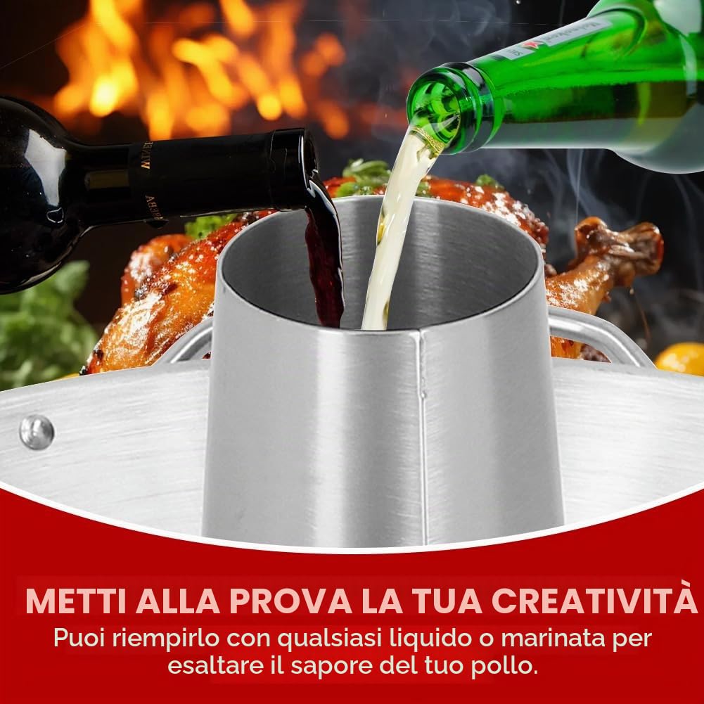 Supporto per Pollo, Teglia per Pollo in Acciaio Inossidabile con Contenitore di Aroma, Barattolo per Birra, Arrosti per Fornello per Grigliate Verticale