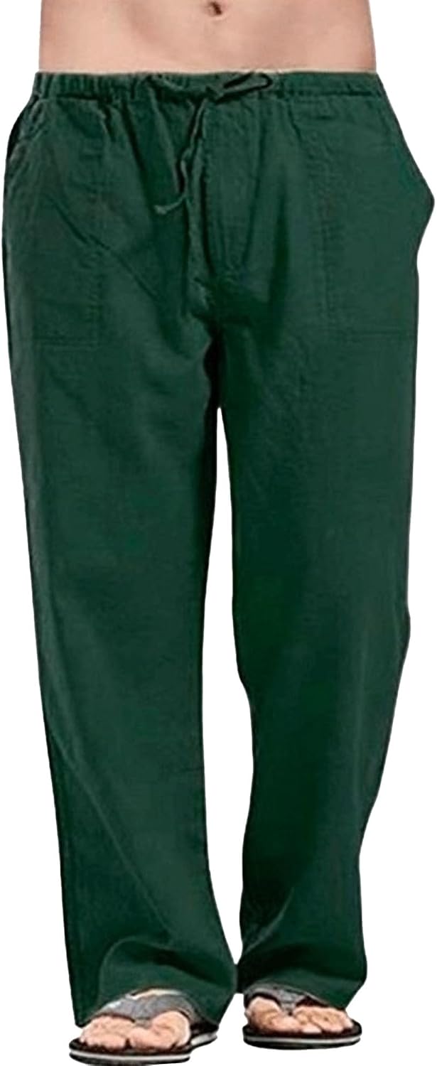 Men's Comfort Baggy Casual Yoga Pants Linen Straight Leg Hiking Pants Basic Solid Joggers Trousers