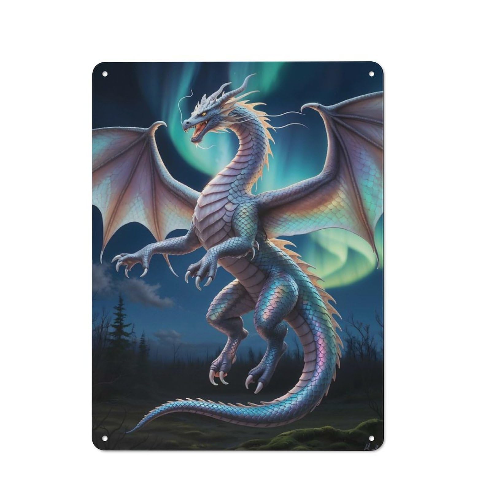 Junmoney Majestic Dragon Under Aurora Borealis Vintage Metal Plaque 40X30cm For Café Or Restaurant, A Decorative Gift For A Newly Furnished Café And Restaurant