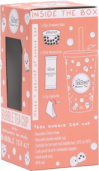 Bubble Tea Cup & Straw with Bubble Tea Kit Gift Set | 1 Serving | Set includes Mango Syrup, Strawberry Popping Boba and Tea Bag | By The TeaShed