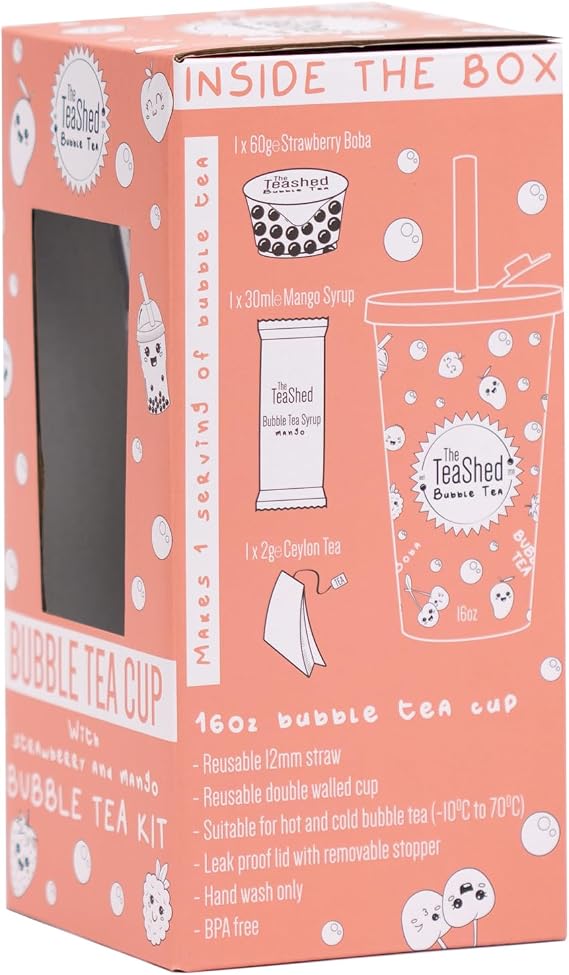 Bubble Tea Cup & Straw with Bubble Tea Kit Gift Set | 1 Serving | Set includes Mango Syrup, Strawberry Popping Boba and Tea Bag | By The TeaShed
