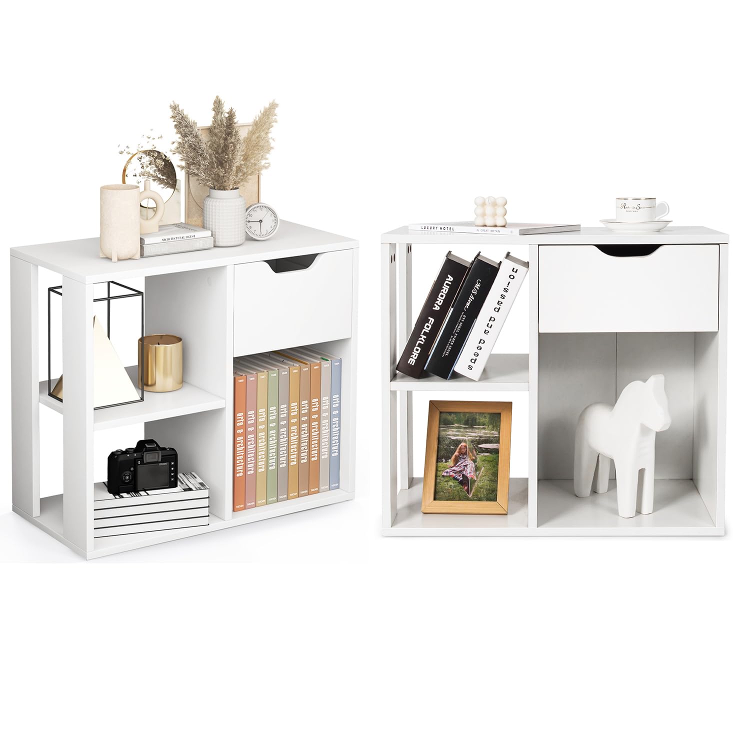 Giantex 3 Cube Bookcase with Drawer, 2 Tier Bookshelf for Small Space, Modern Freestanding Display Rack with Open Shelves, White Book Case, Wood Cube