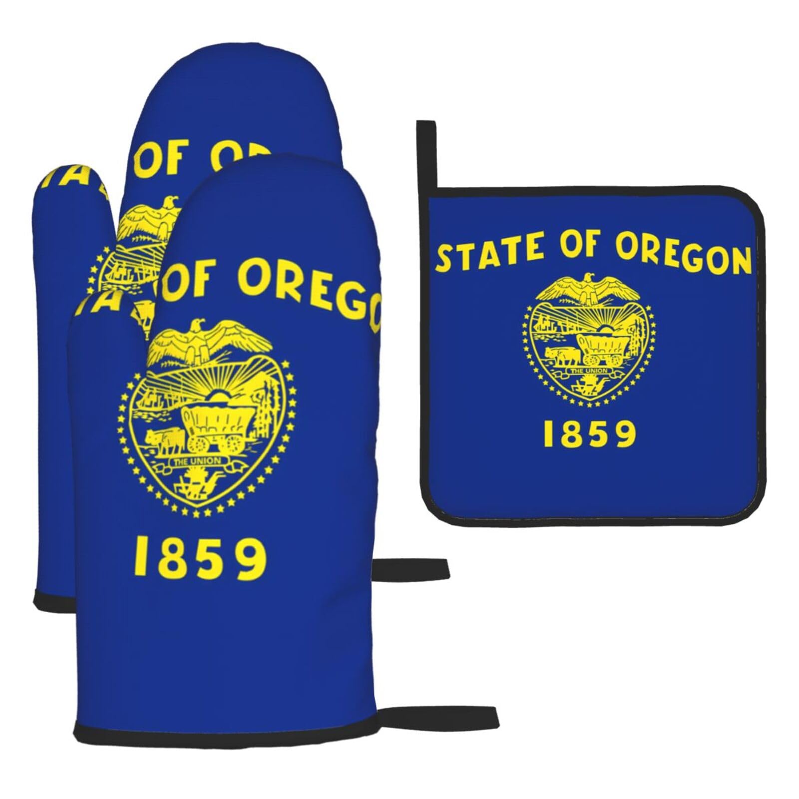 Oregon State Flag Oven mittens and oven mitts three-piece set suitable for oven, grilling, baking, microwave and home cooking.
